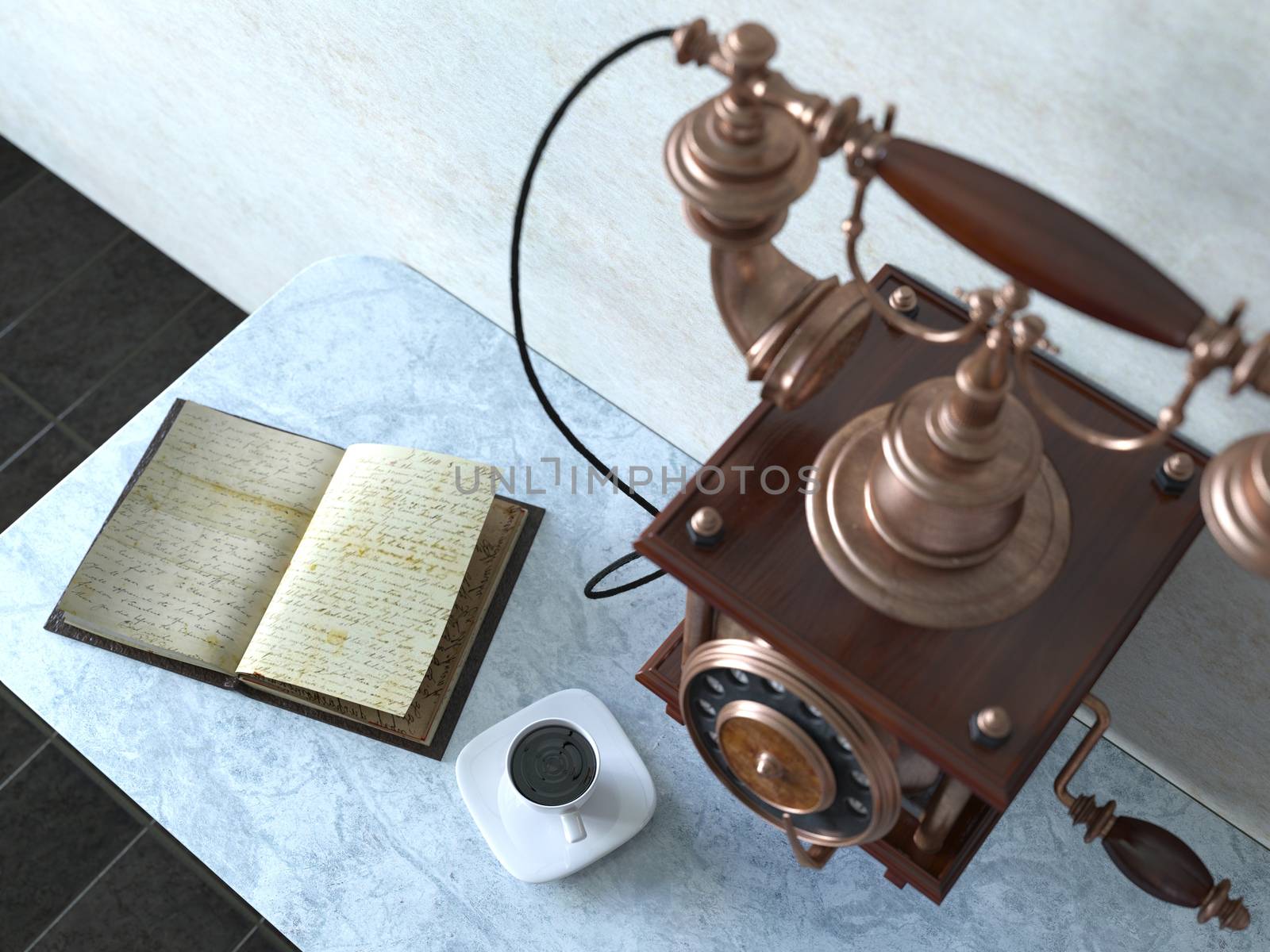 Vintage telephone on old wall with book and coffee cup concept background by denisgo