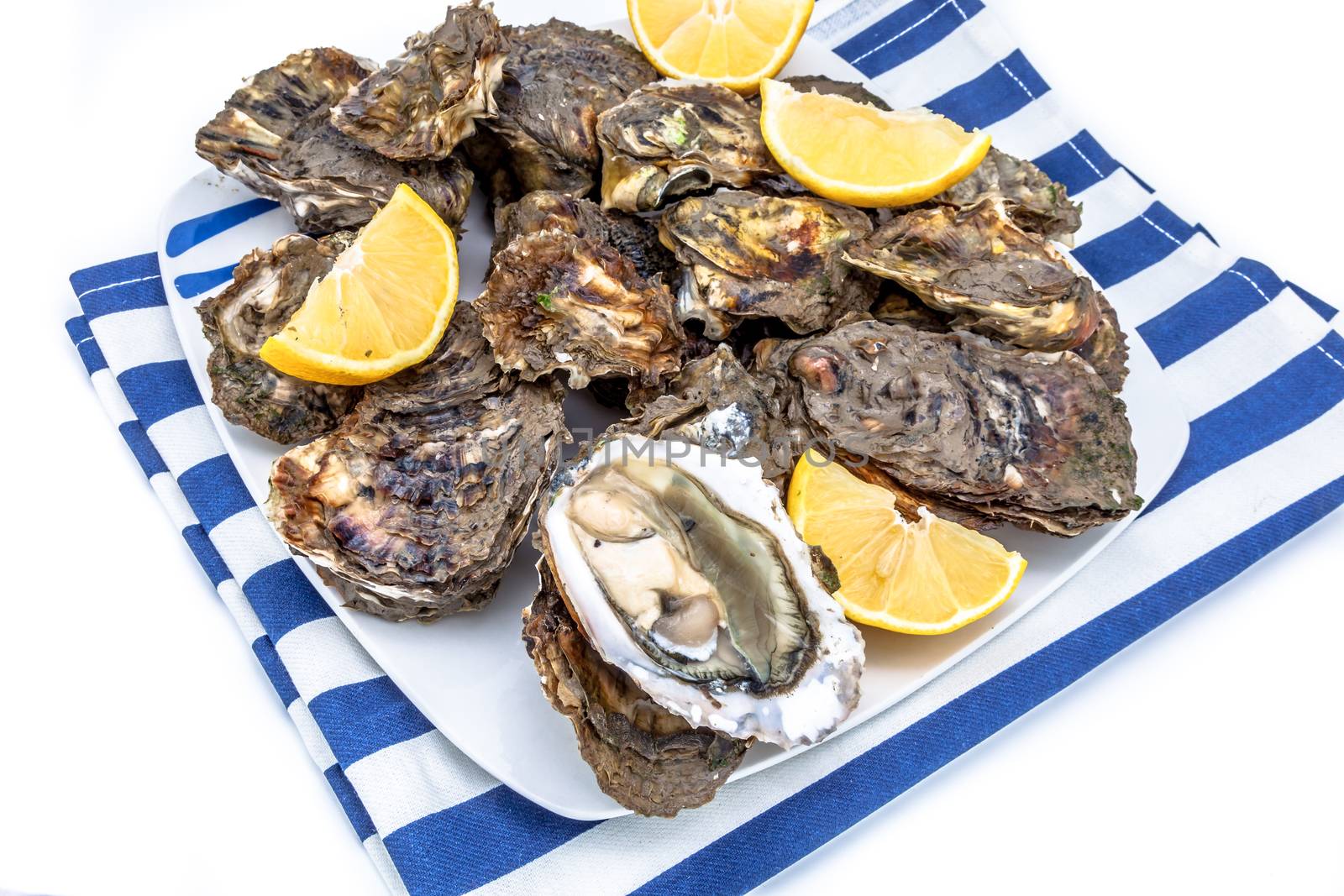 Lots of oysters on a dish with lemon