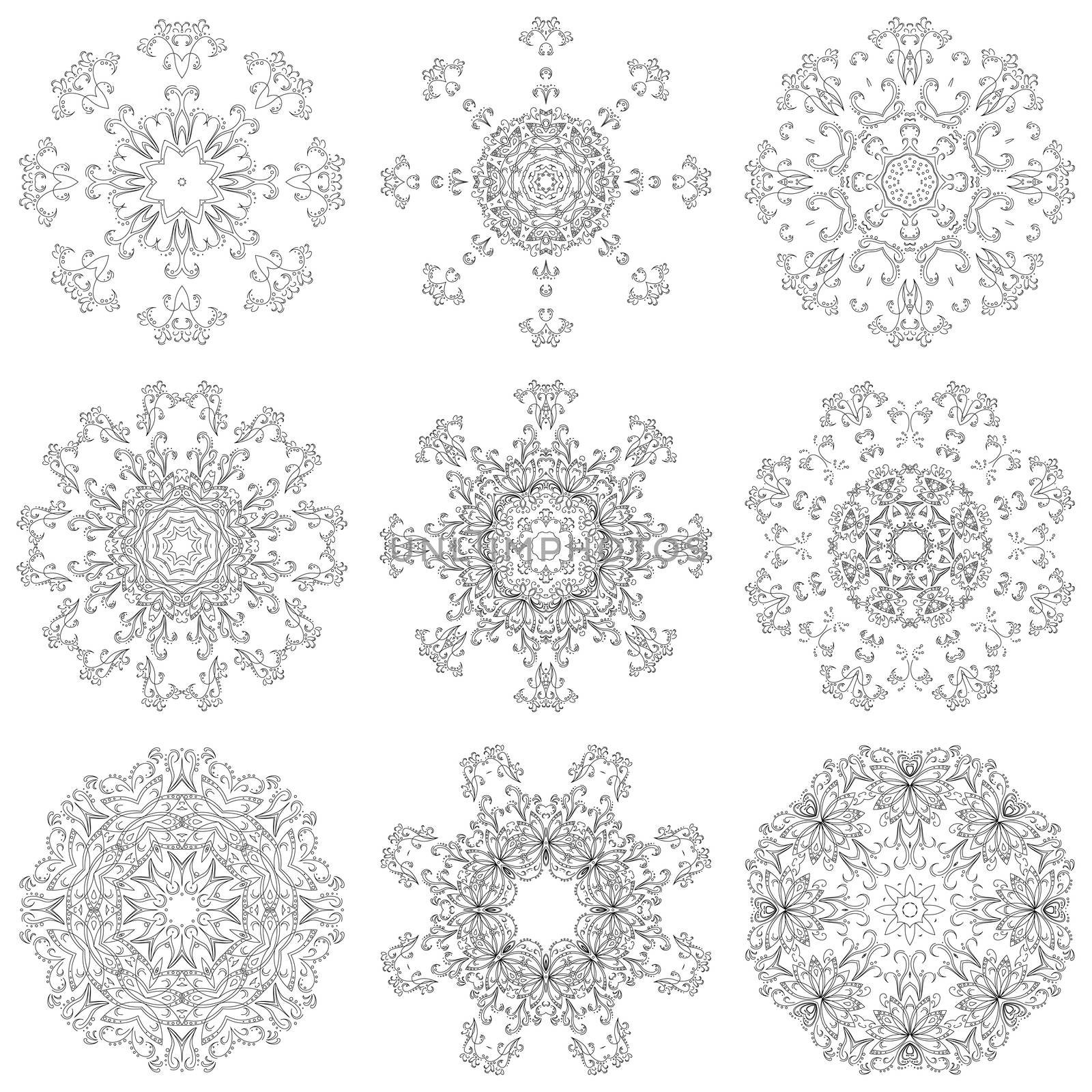 Set abstract floral patterns, black contours on white background.