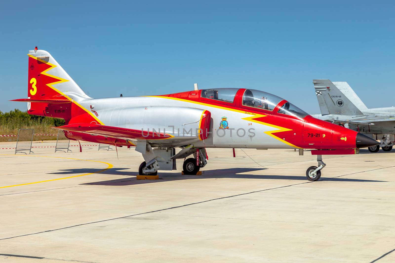 ALBACETE, SPAIN-JUN 23:  Aircraft CASA C-101 taking part in a static exhibition on the open day of the airbase of Los Llanos on Jun 23, 2013, in Albacete, Spain