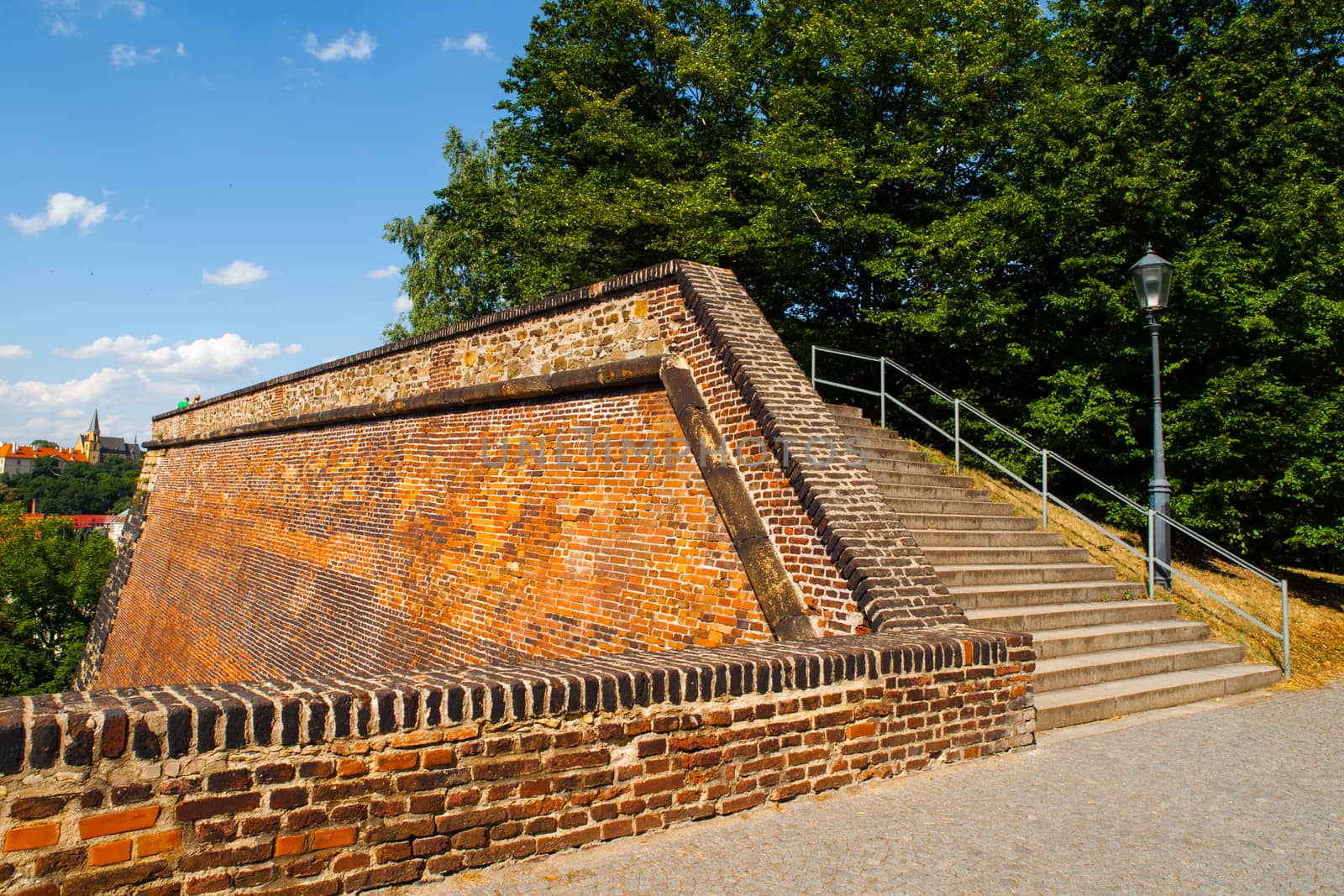 Fortification od Vysehrad Castle with staircase and pedestrian way (Prague, Czech Republic)