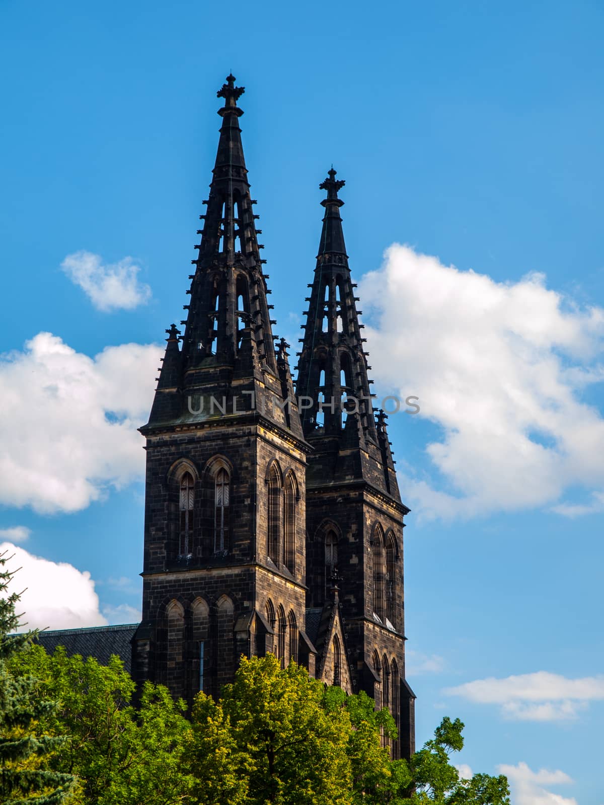 Twin towers of Basilica of St Peter and St Paul in Vysehrad (Prague, Czech Republic)