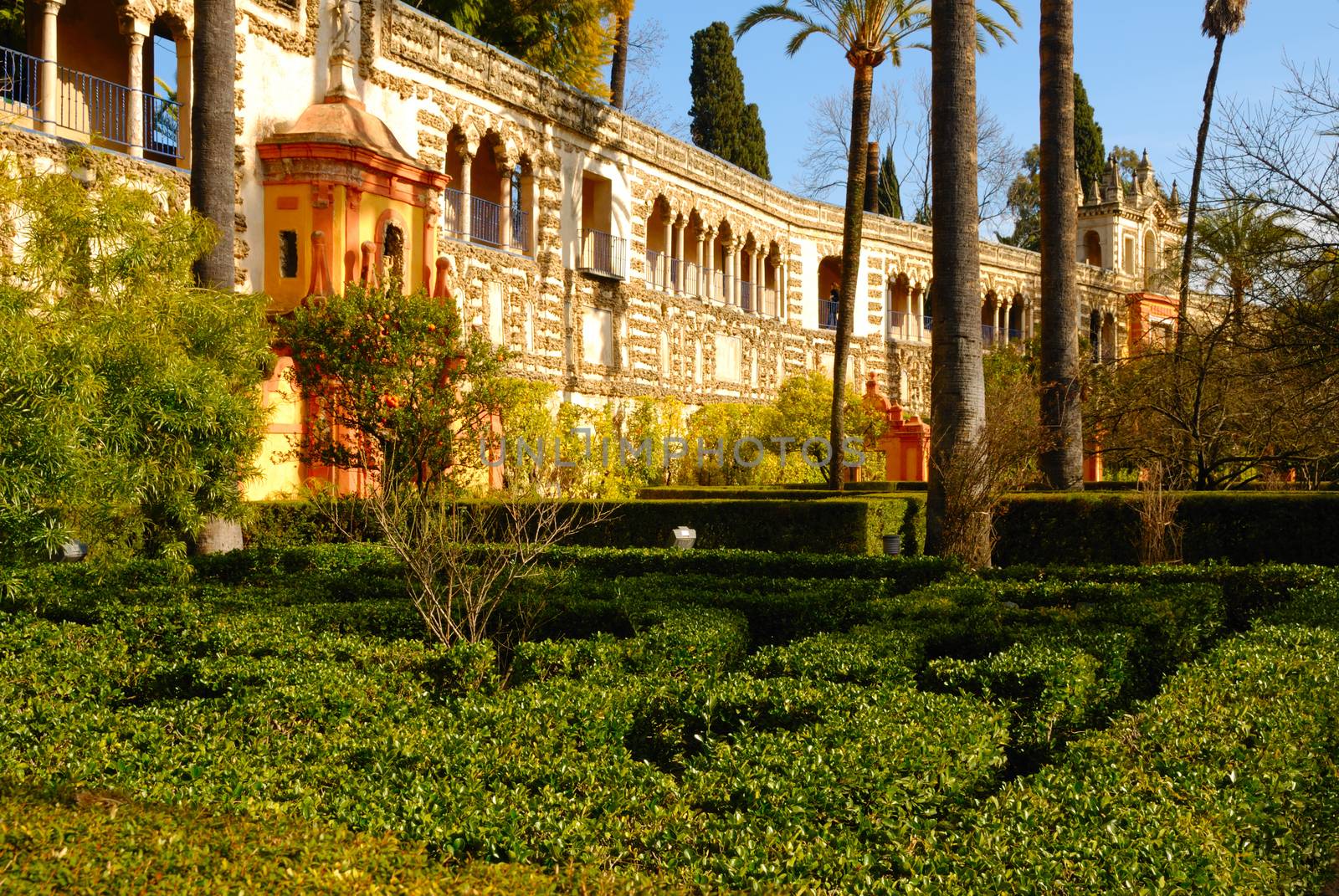 Gallery in the gardens of the Alcazar in Seville, Spain.