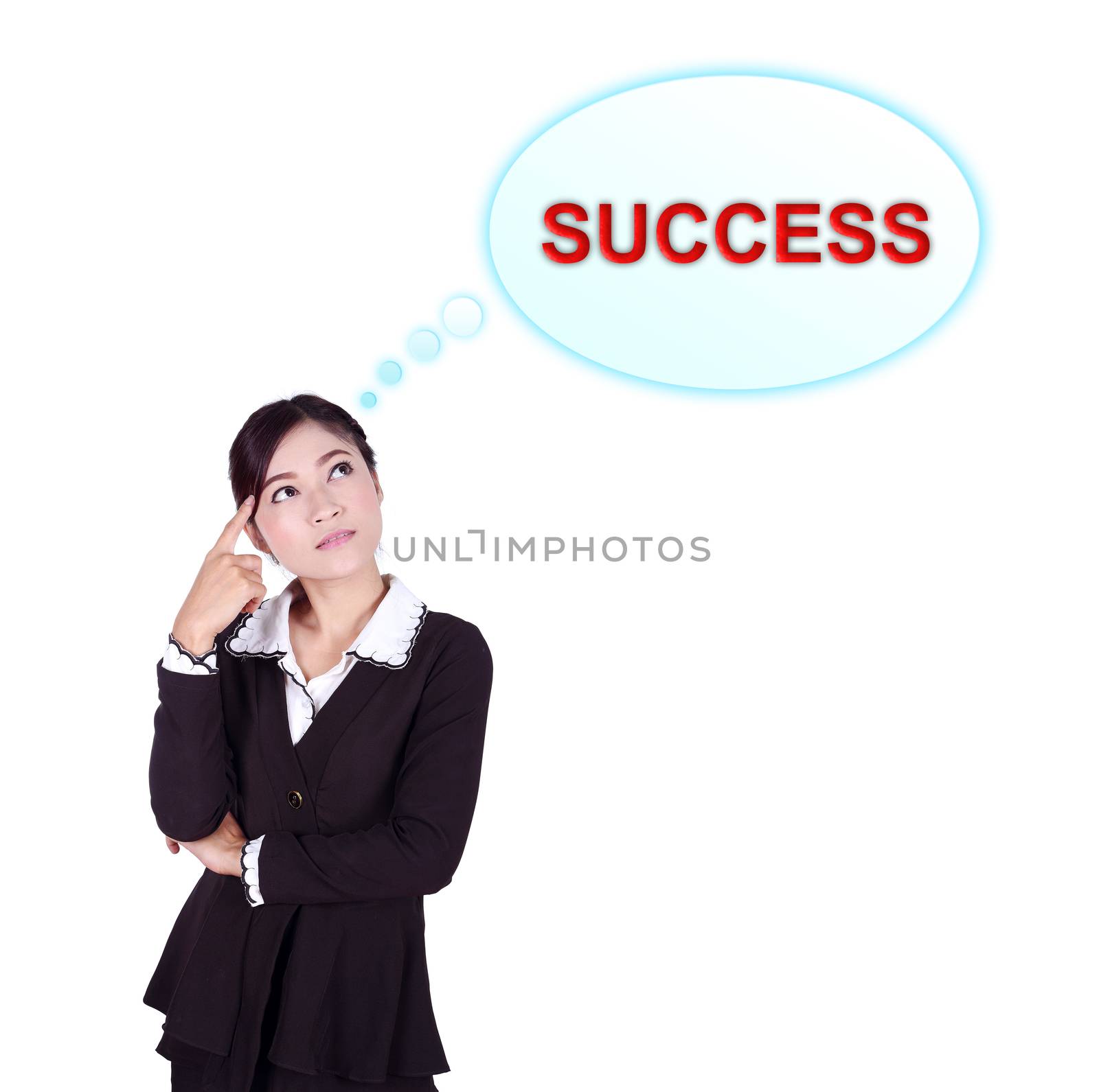 Business woman thinking about success isolated on white background