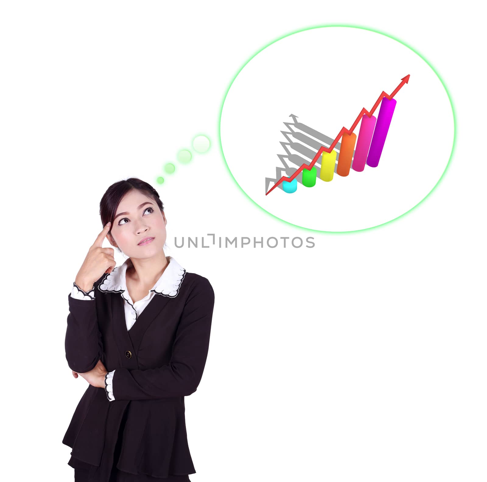 Business woman thinking about goal and graph isolated on white background