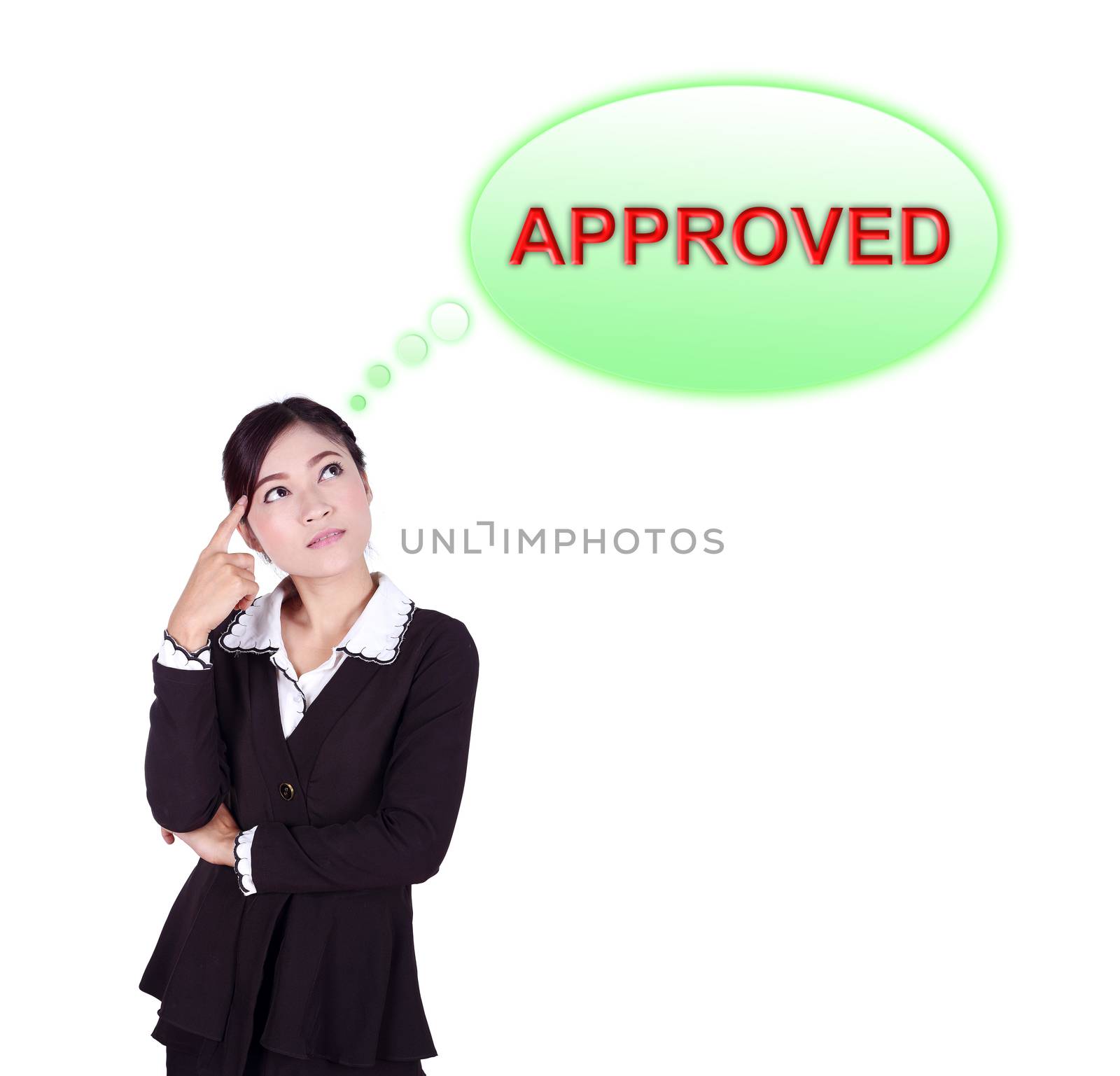 Business woman thinking about approved isolated on white background
