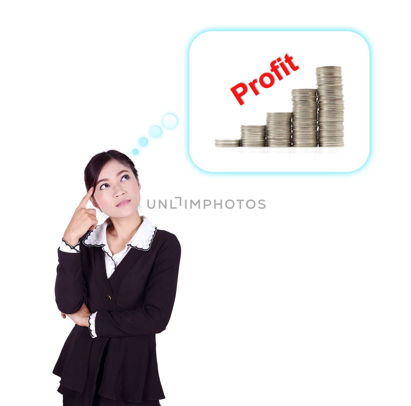 Business woman thinking about profit and coin graph isolated on white background