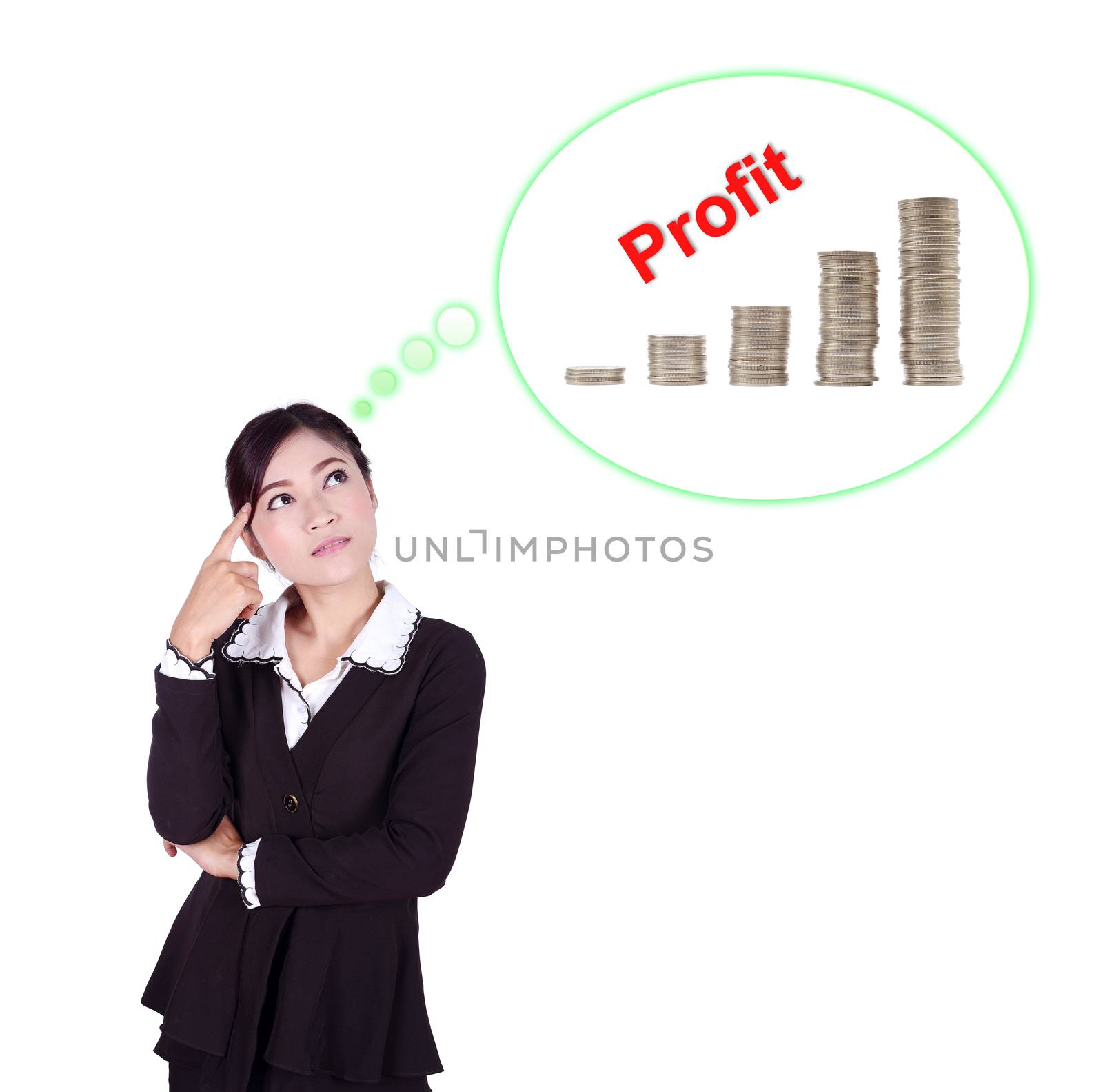 Business woman thinking about profit and coin graph by geargodz