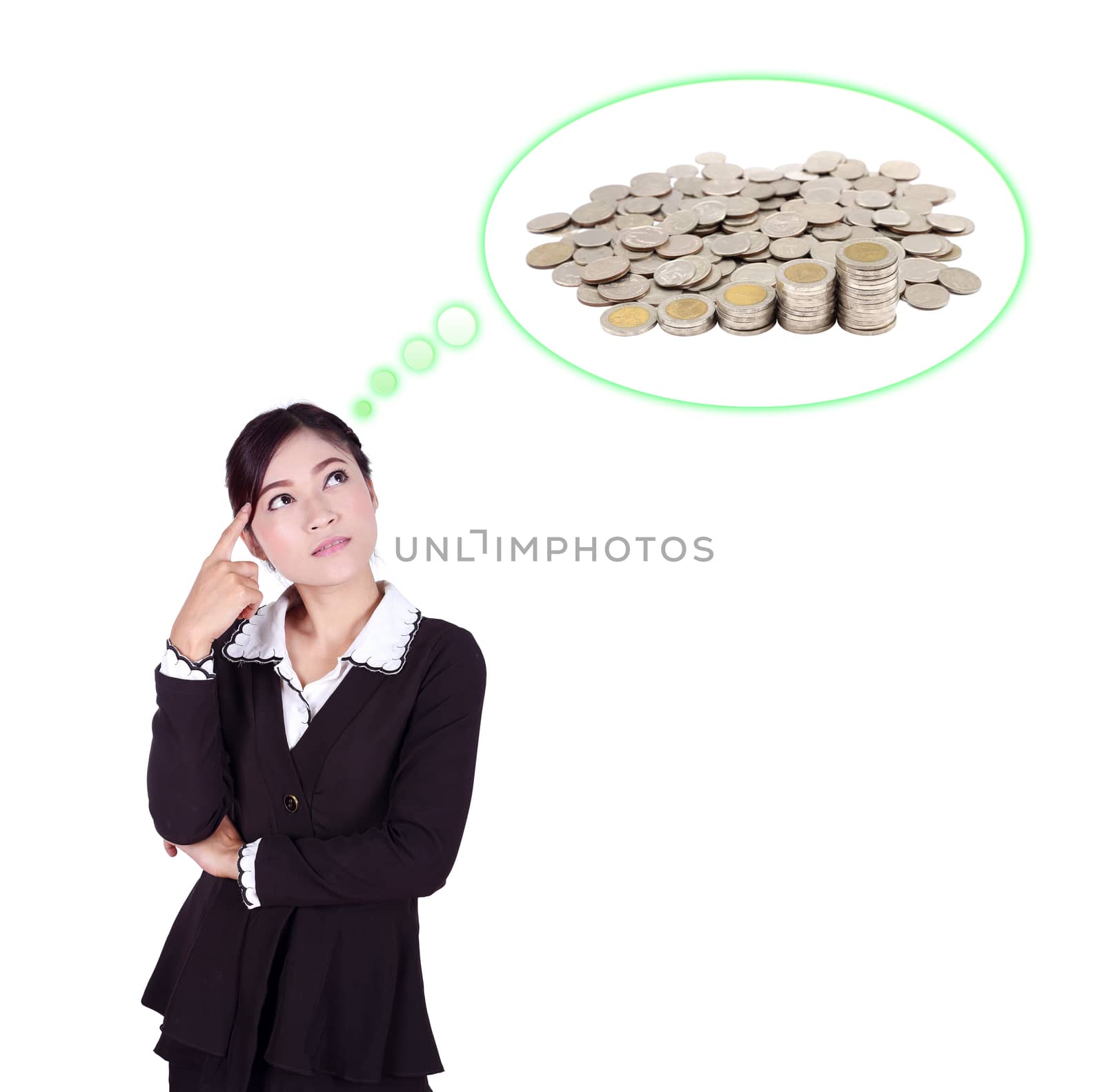 Business woman thinking about Piles of coins by geargodz