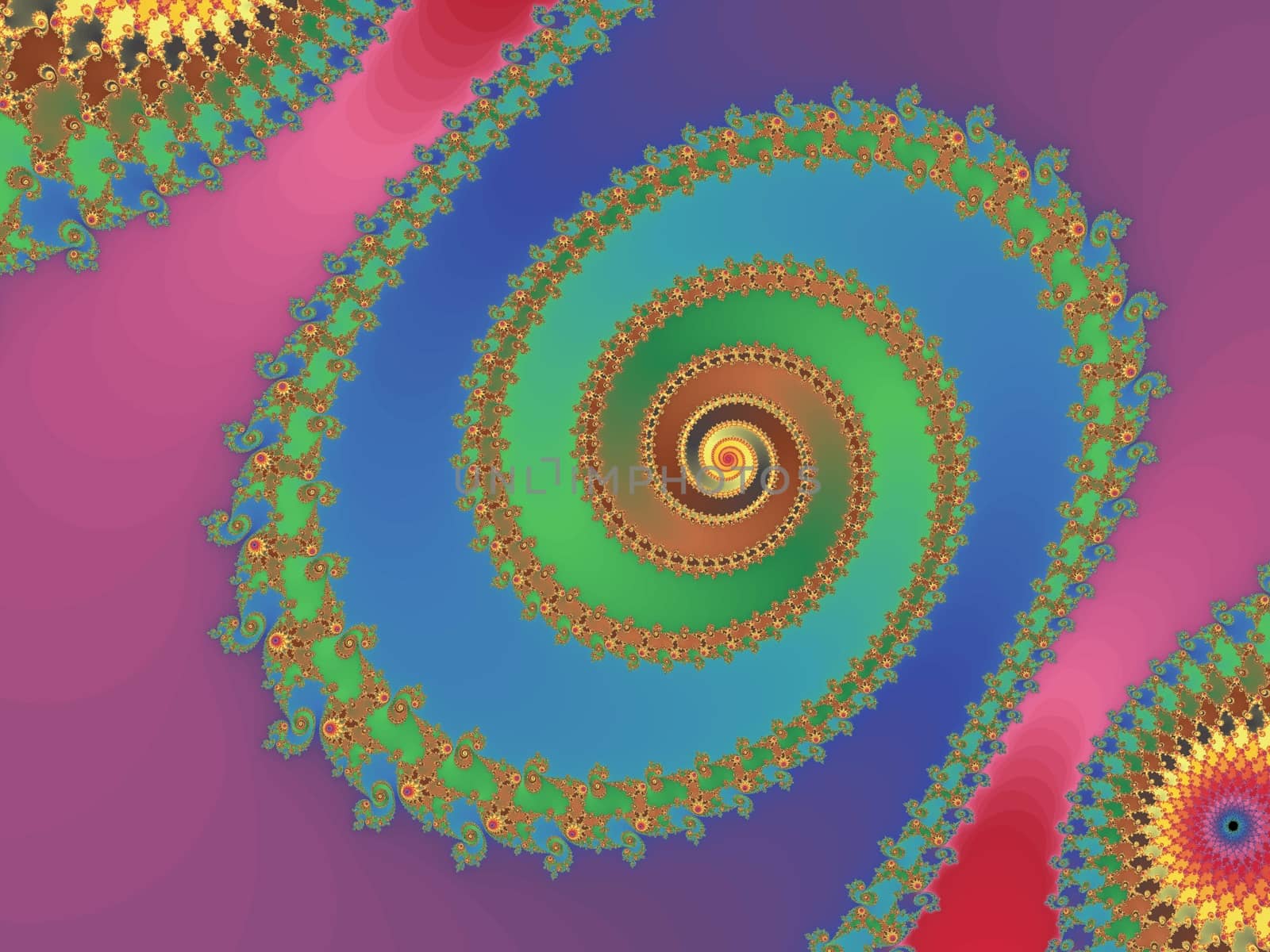 Digital computer graphic - rendering. Patterned fractal spiral in a  bright colors for design.