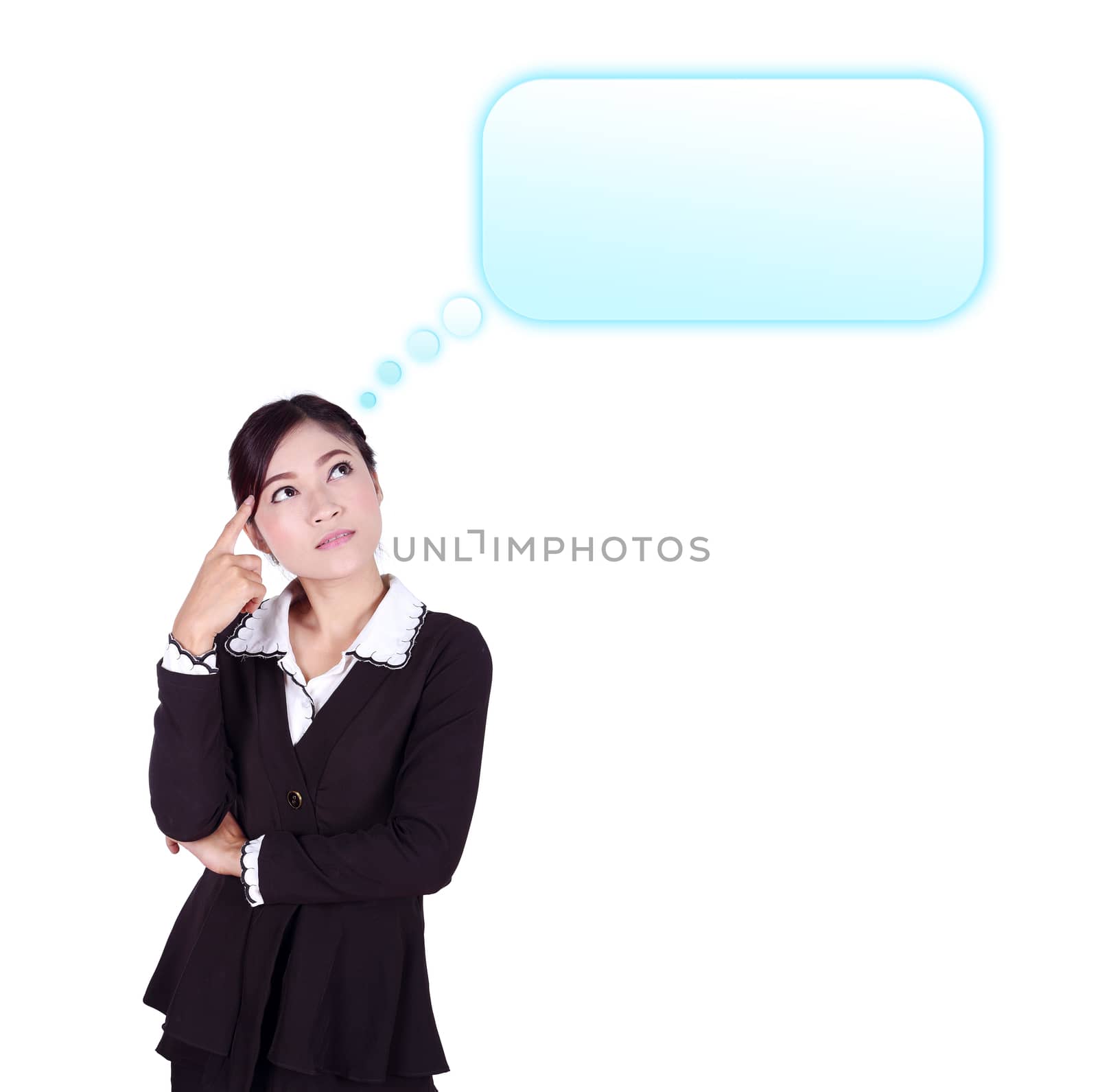 thinking business woman looking up on speech empty bubble isolated on white background
