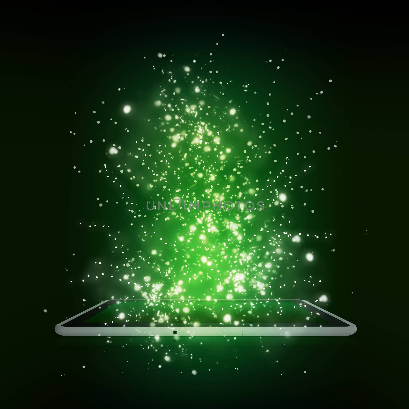 Tablet pc with magic light and falling stars. Dark background
