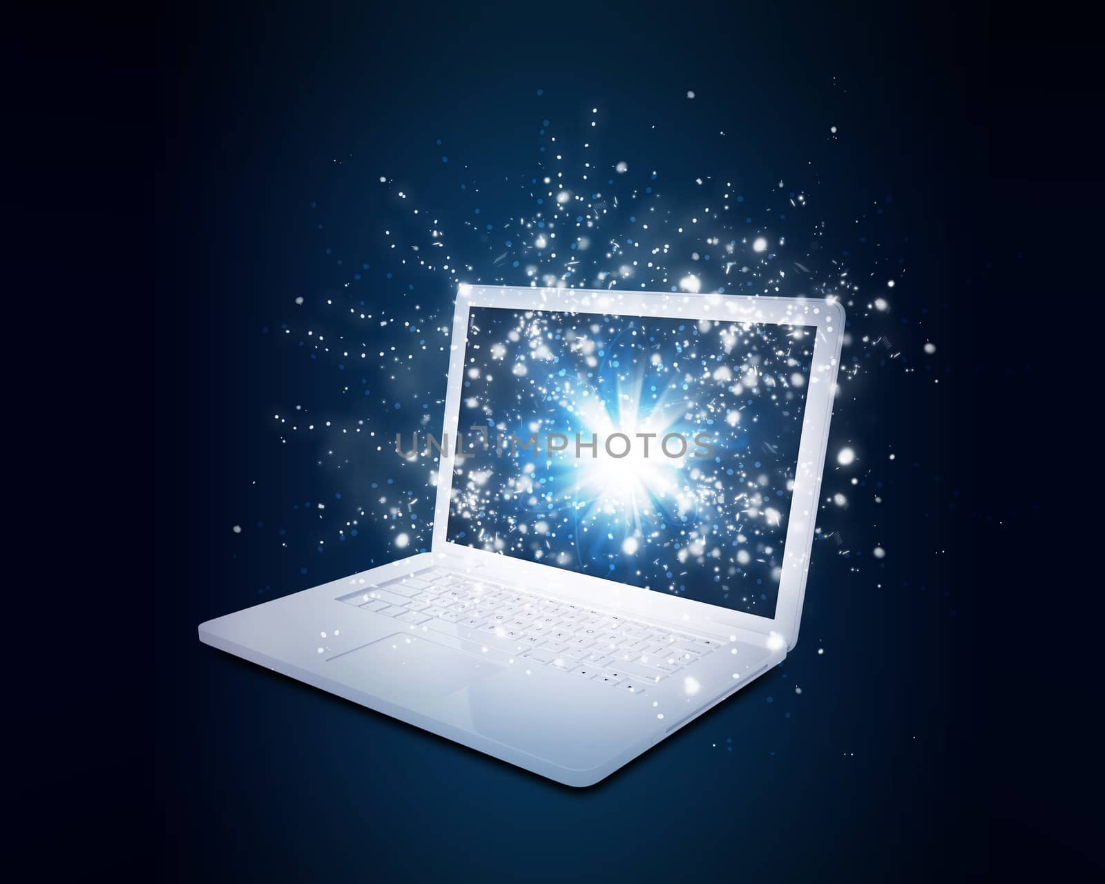 Open laptop with magic light and falling stars by cherezoff