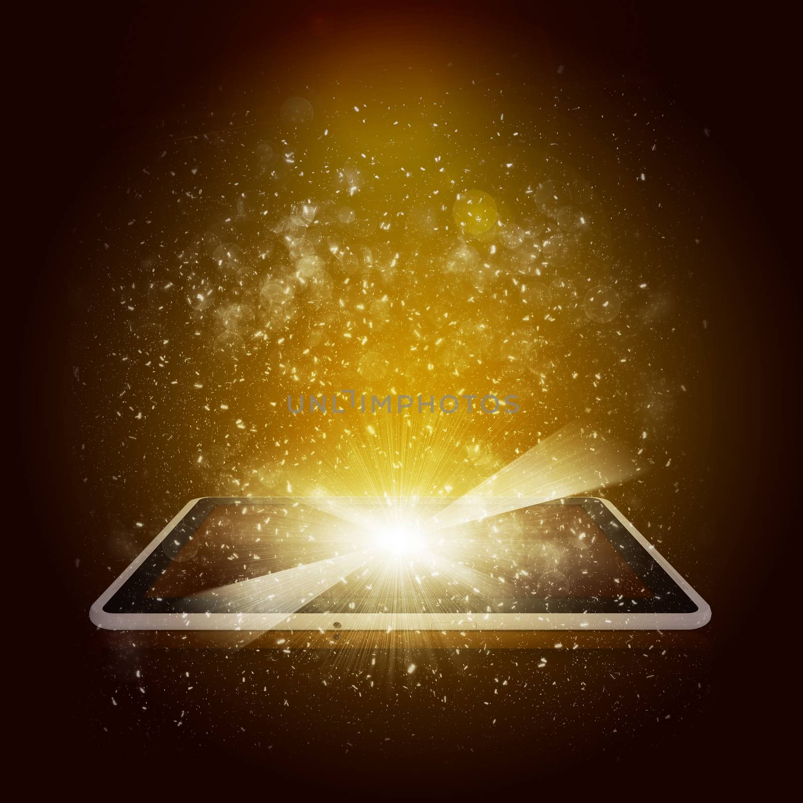 Tablet pc with magic light and falling stars. Dark background