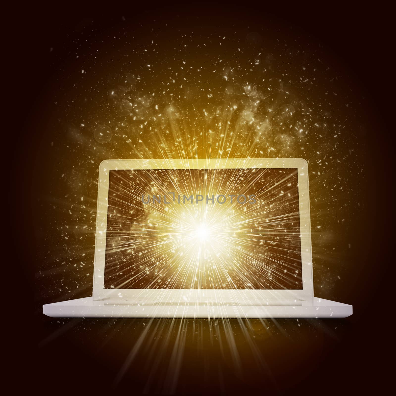 Open laptop with magic light and falling stars by cherezoff