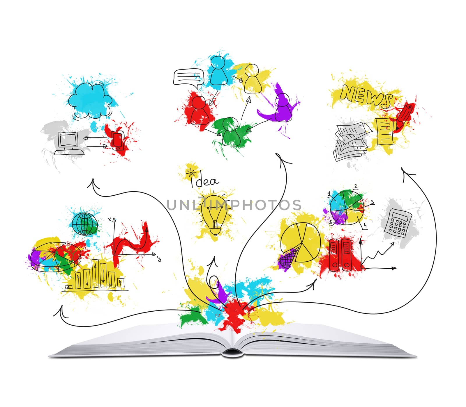 Open book with colored business sketches. Isolated on white background