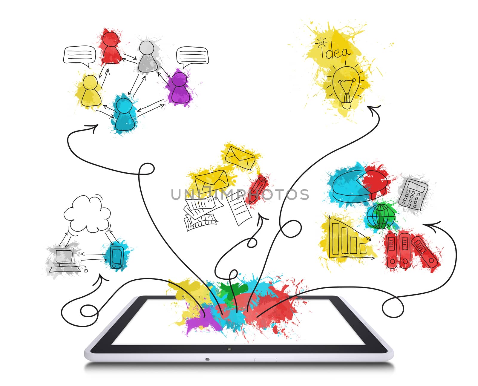 Tablet pc with colored business sketches. Isolated on white background