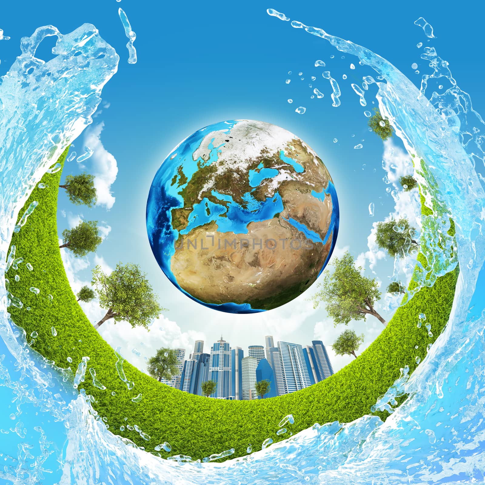 Earth, green grass, skyscrapers and water. Elements of this image are furnished by NASA