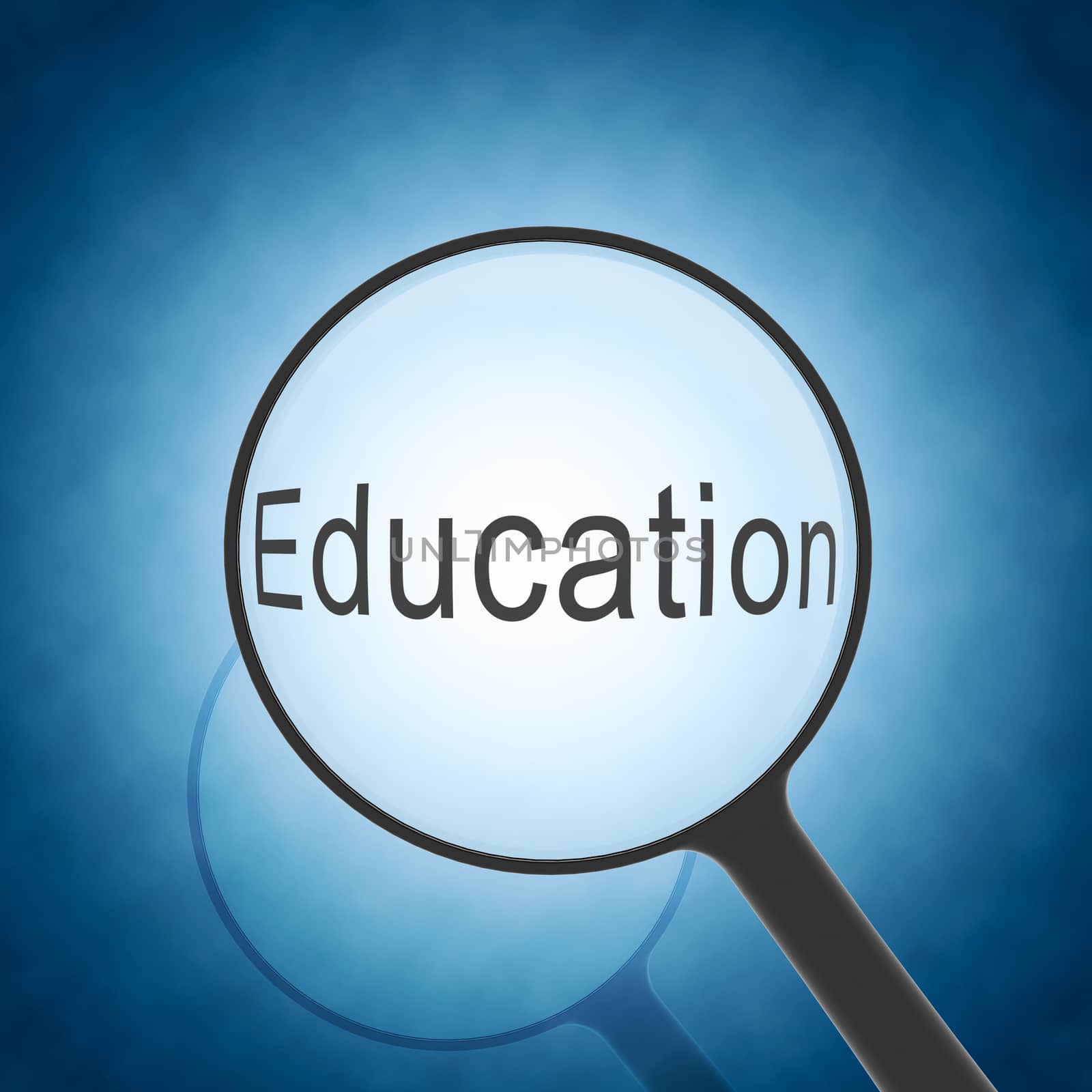 Magnifying glass looking word Education. Blue background. Business concept