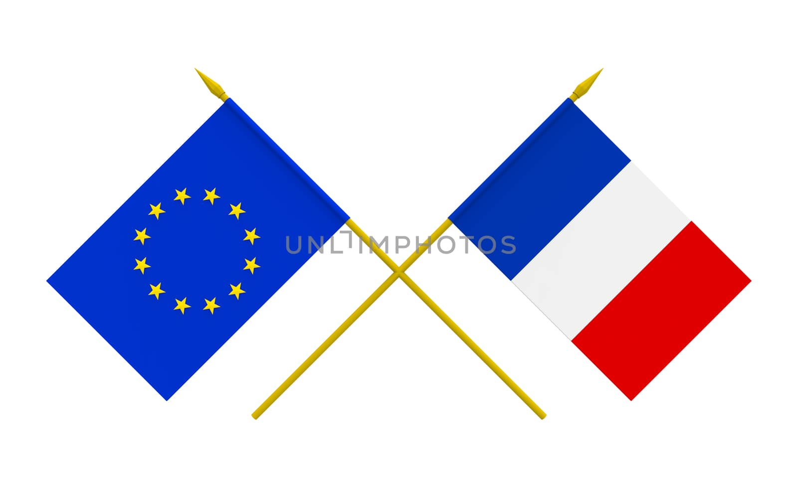 Flags of France and European Union, 3d render, isolated on white