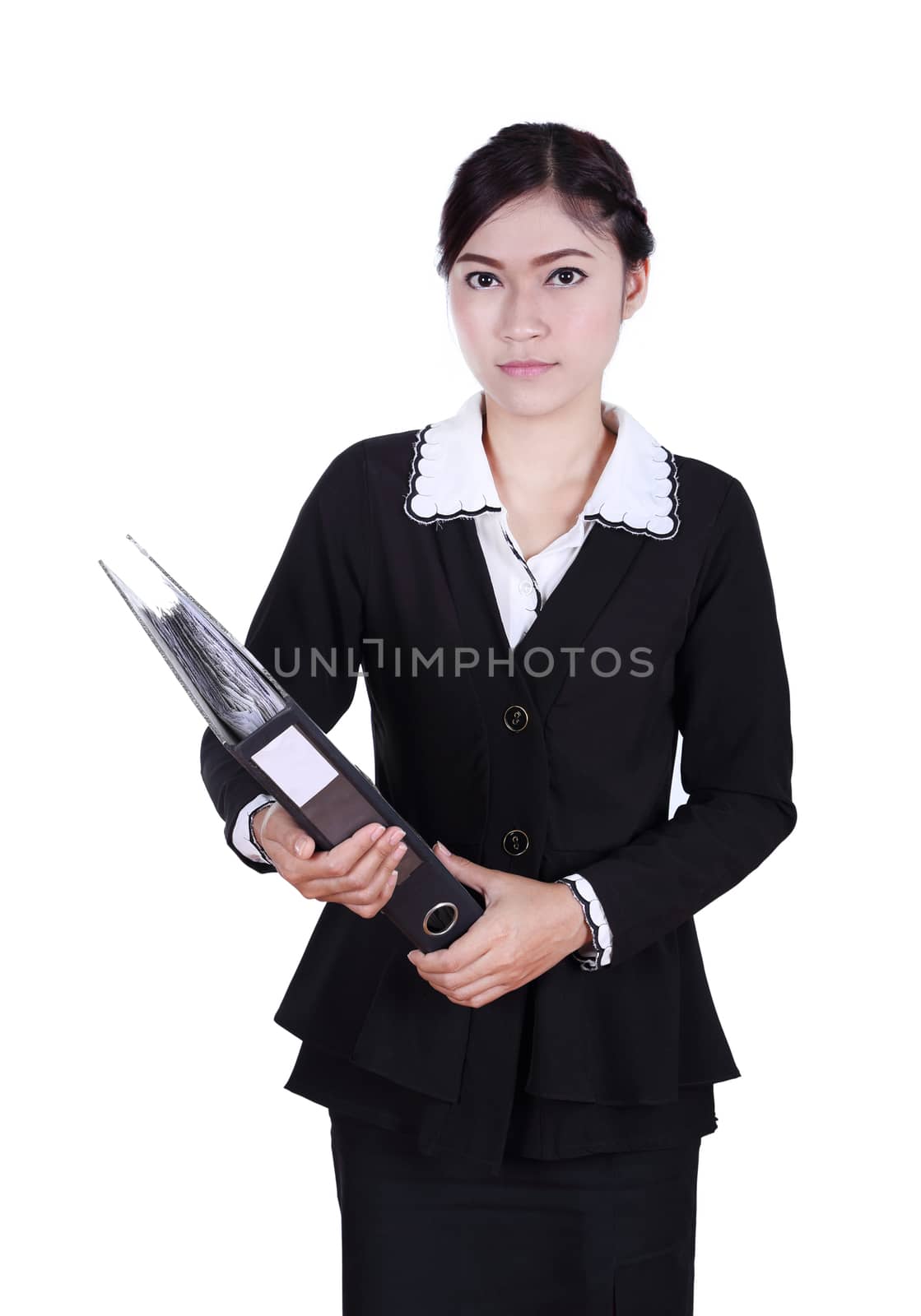 business woman holding folder documents isolated on white by geargodz