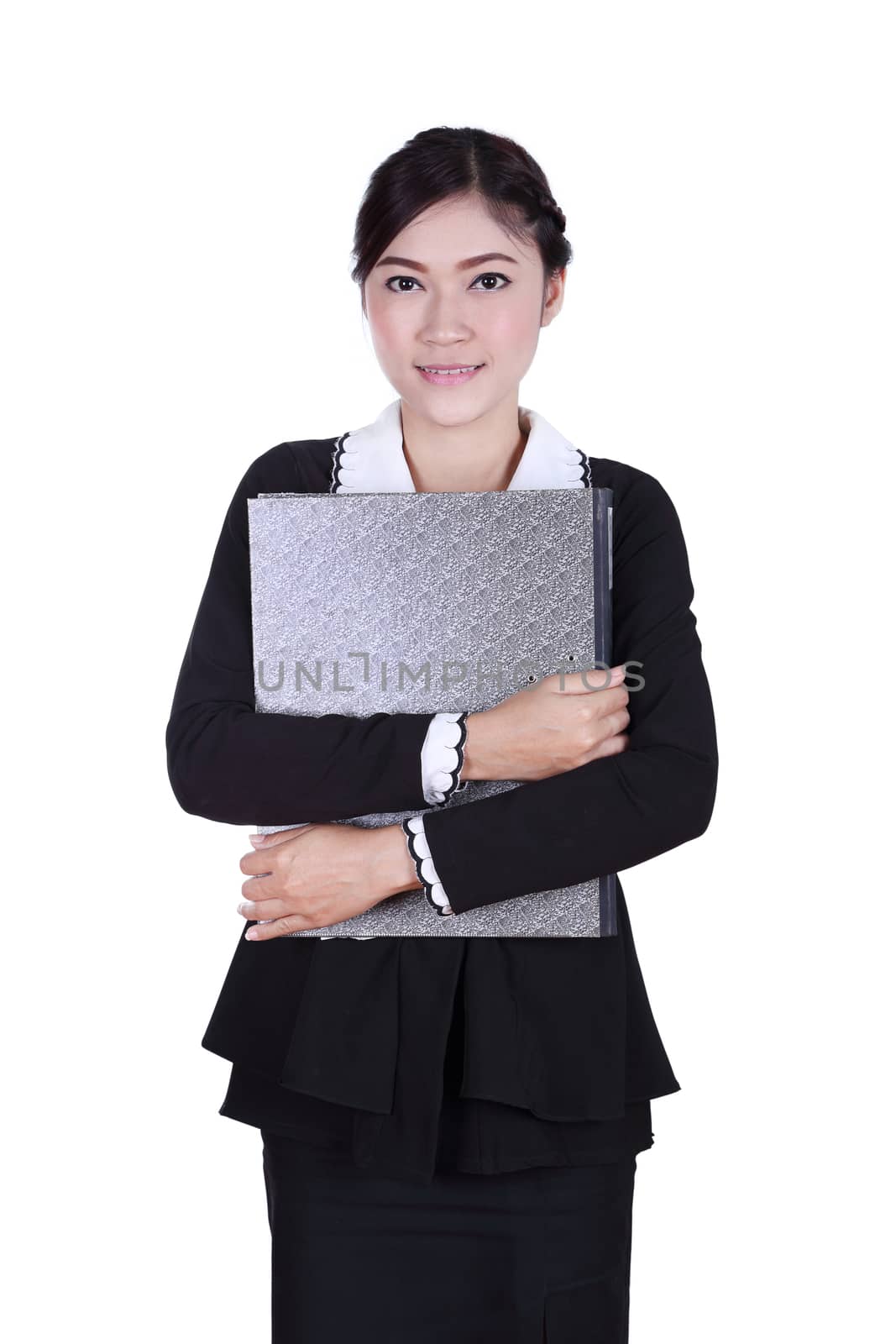 business woman confident smile holding folder documents isolated on white background