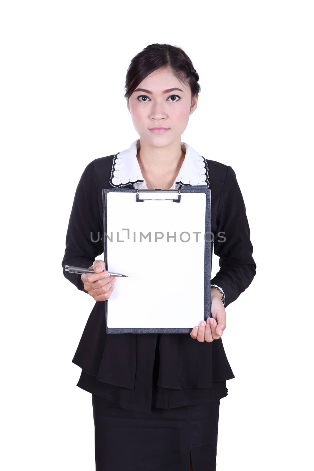 business woman holding a blank clipboard by geargodz