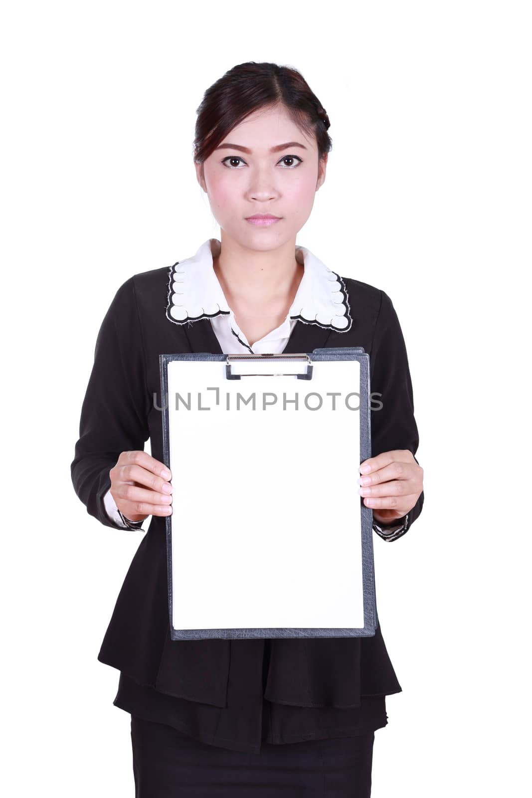 business woman holding a blank clipboard isolated on white by geargodz