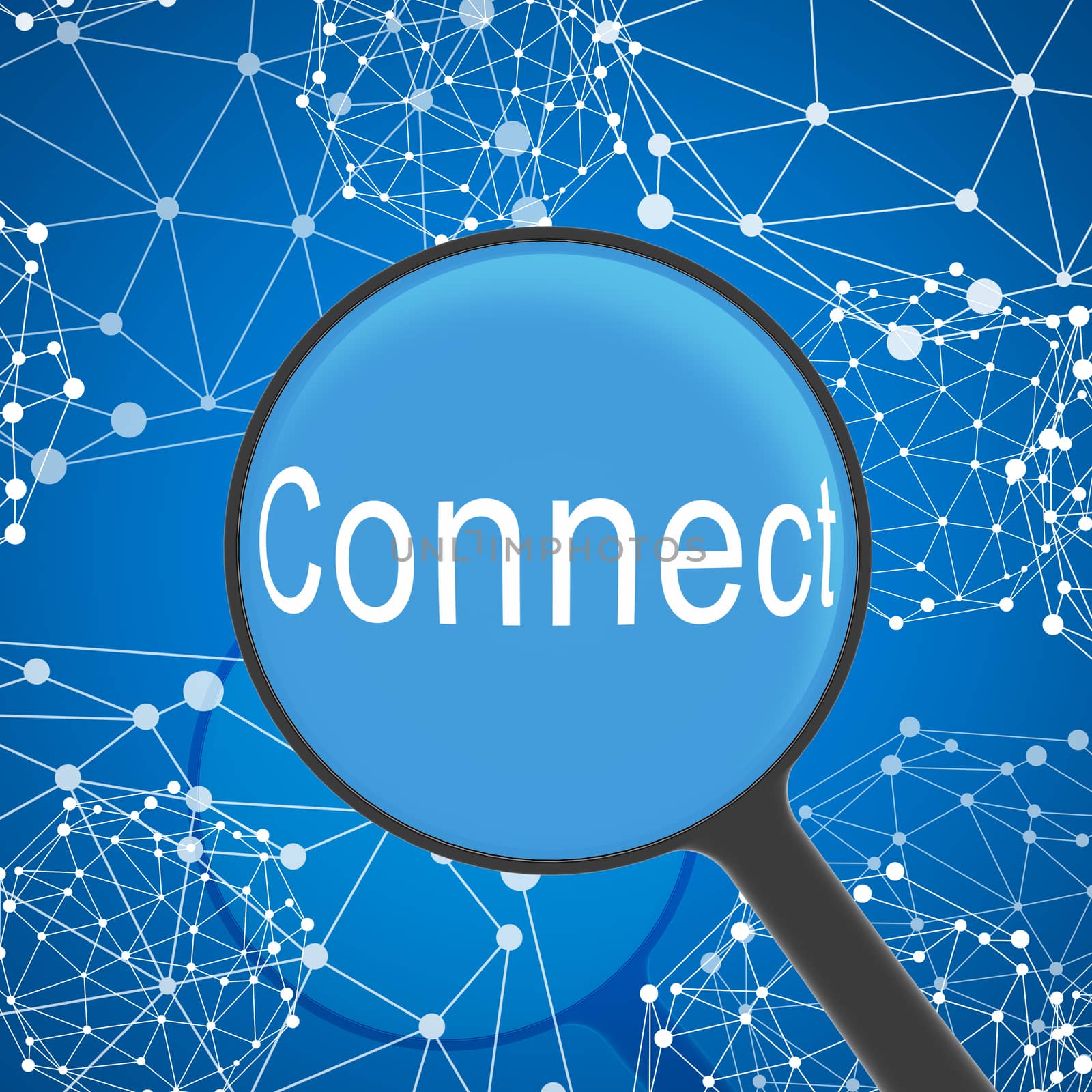 Magnifying glass looking Connect. Network on background. Business concept