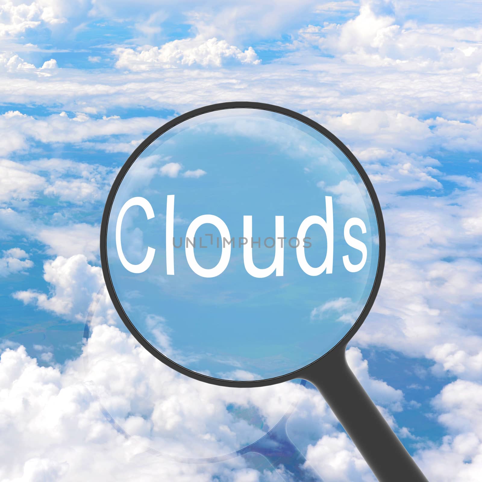 Magnifying glass looking Clouds. Sky on background. Business concept