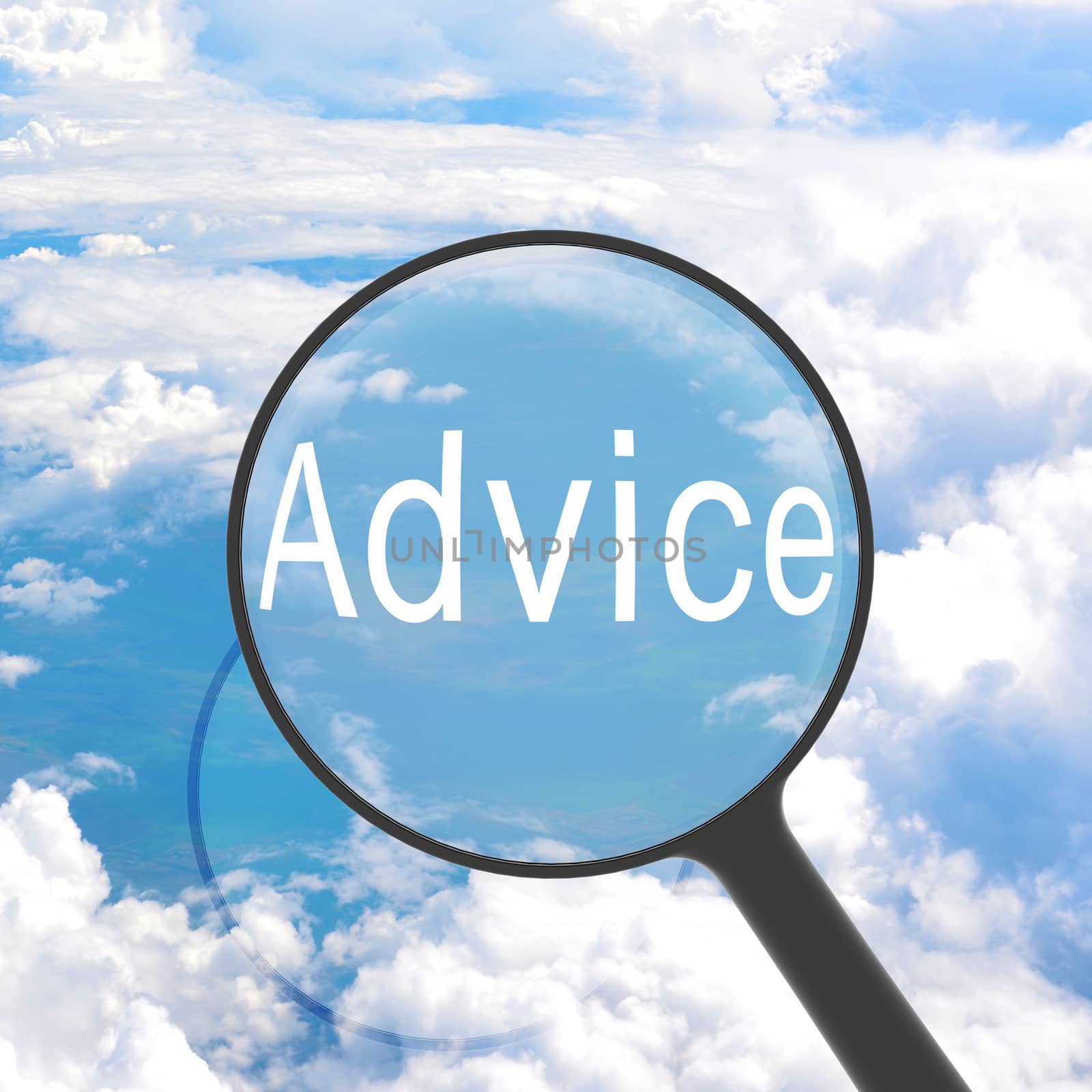 Magnifying glass looking Advice. Clouds on background. Business concept