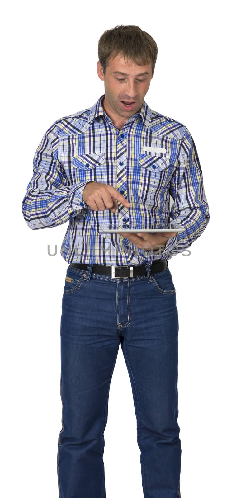 Portrait of man using his tablet pc against white background