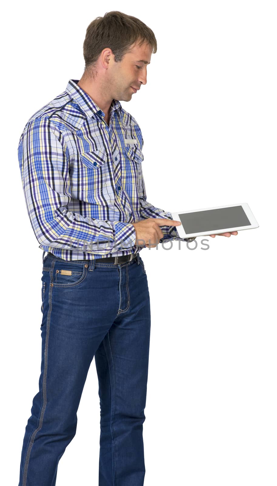 Portrait of man using his tablet pc against white background