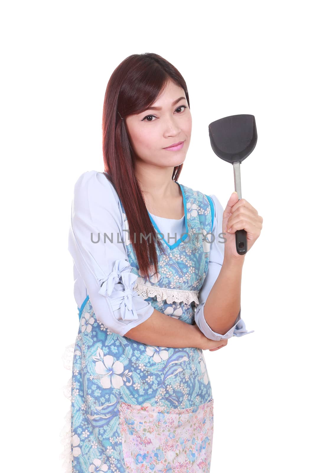 female chef with kitchen spatula isolated on white background