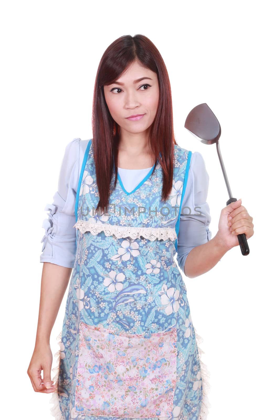 female chef with spade of frying pan by geargodz