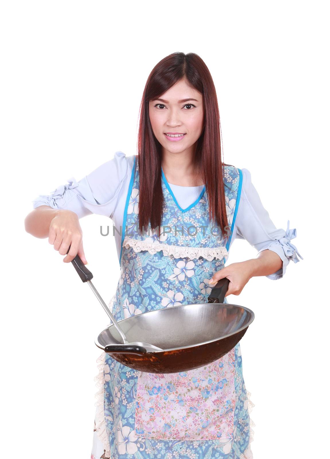 female chef holding the frying pan isolated on white by geargodz