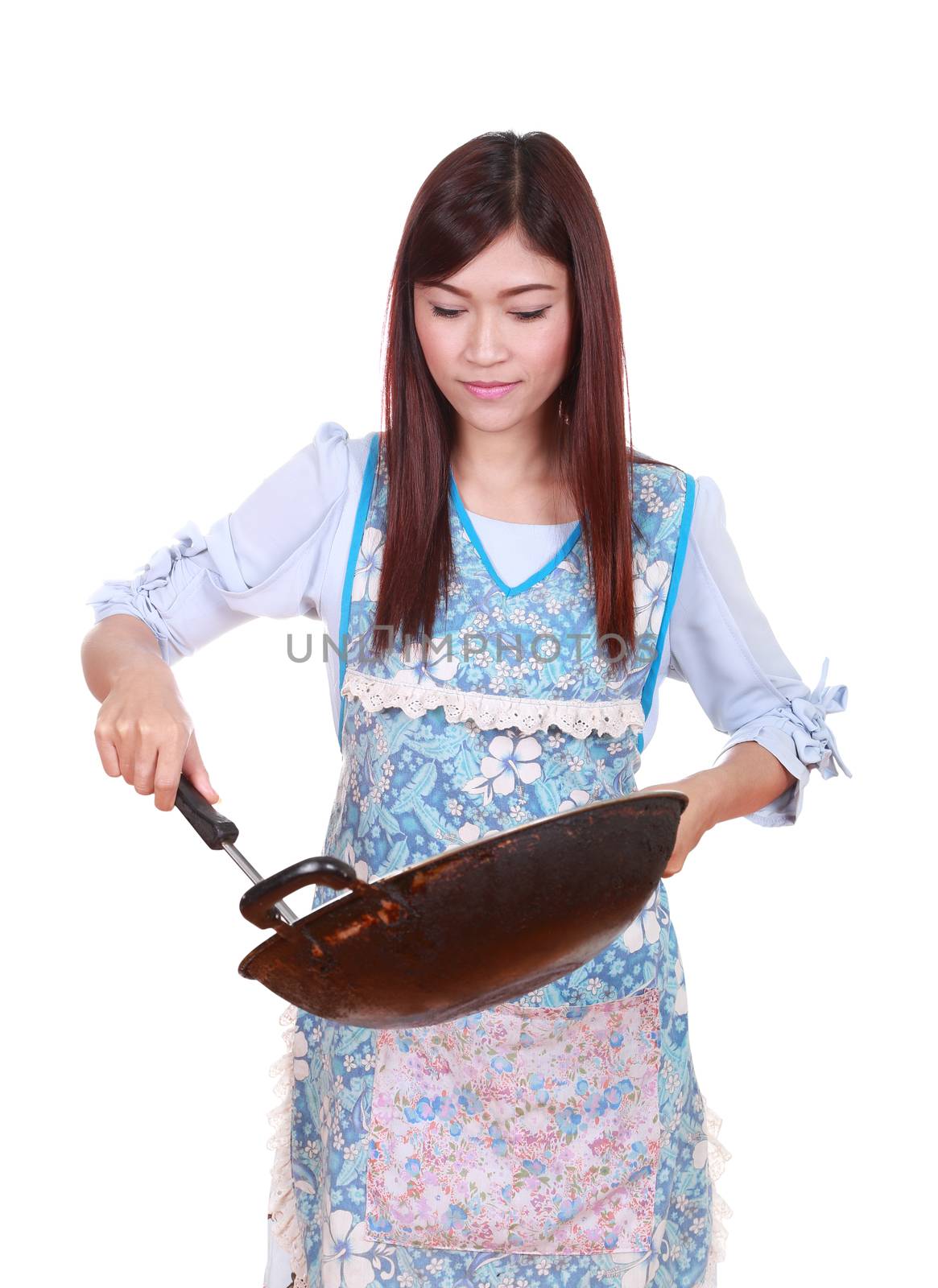 female chef holding the frying pan isolated on white background