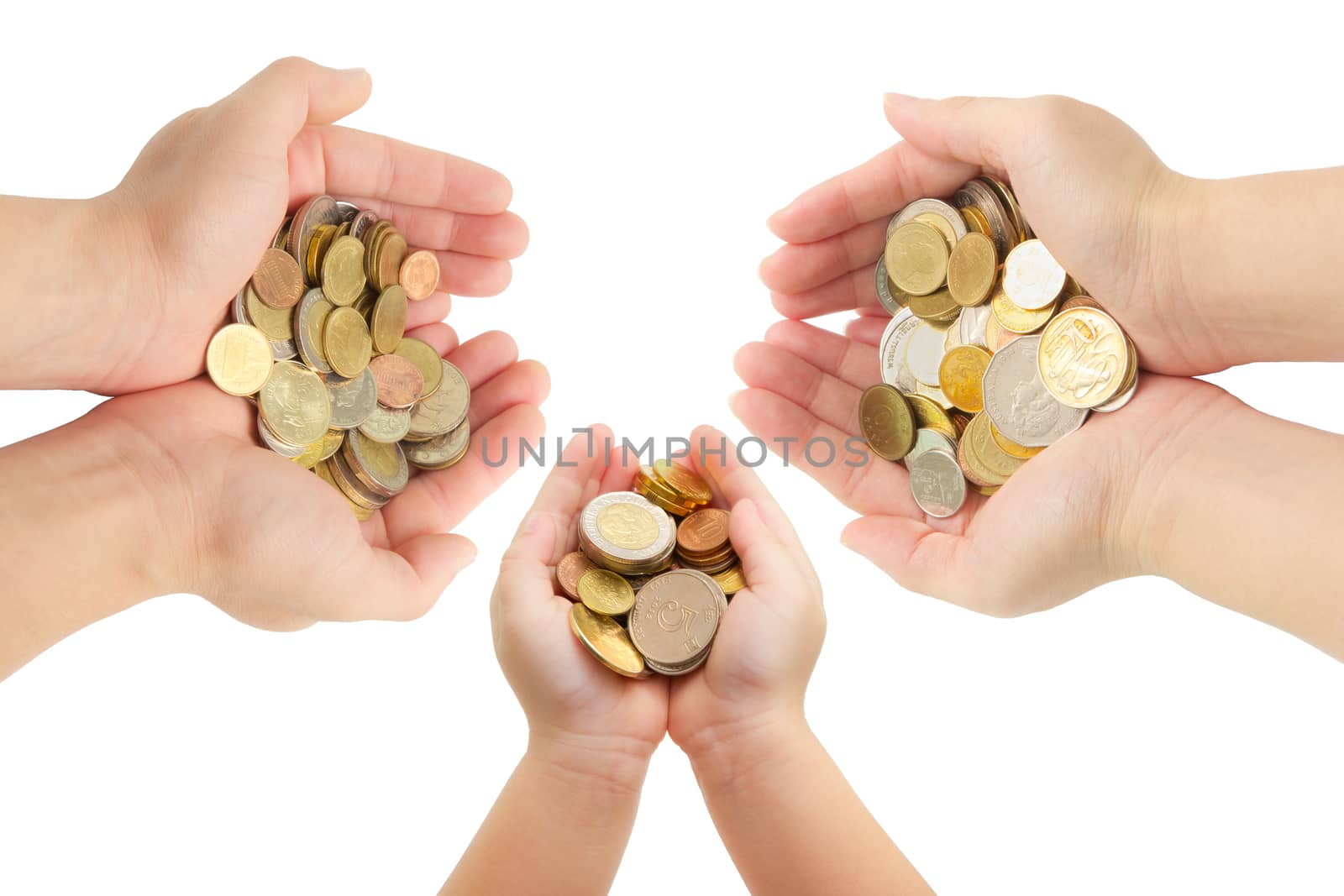 closeup human's hands holding world coins isolated on white background, family planing, insurance and saving money concepts