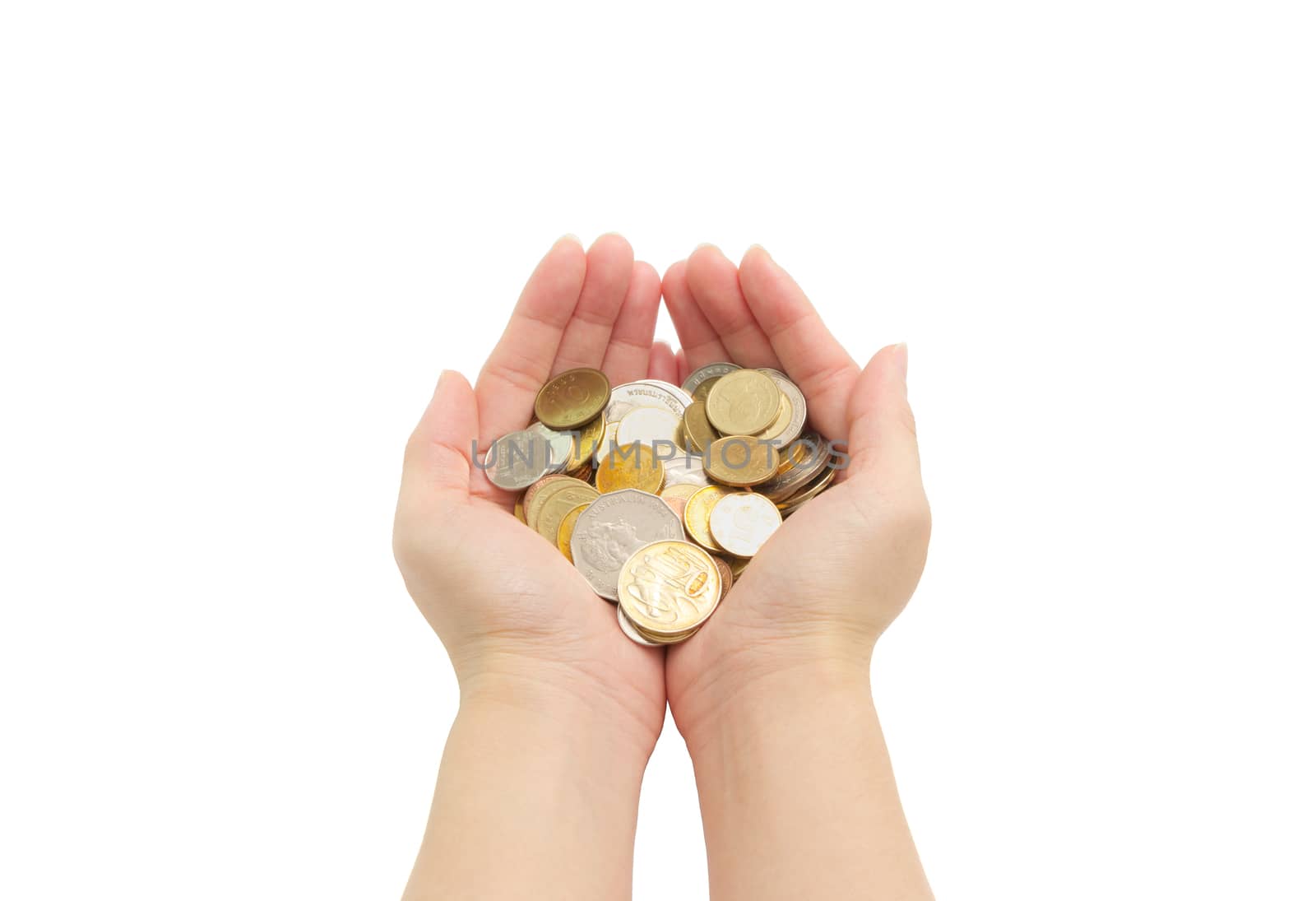 closeup woman's hands holding world coins isolated on white background, human hands and saving concepts