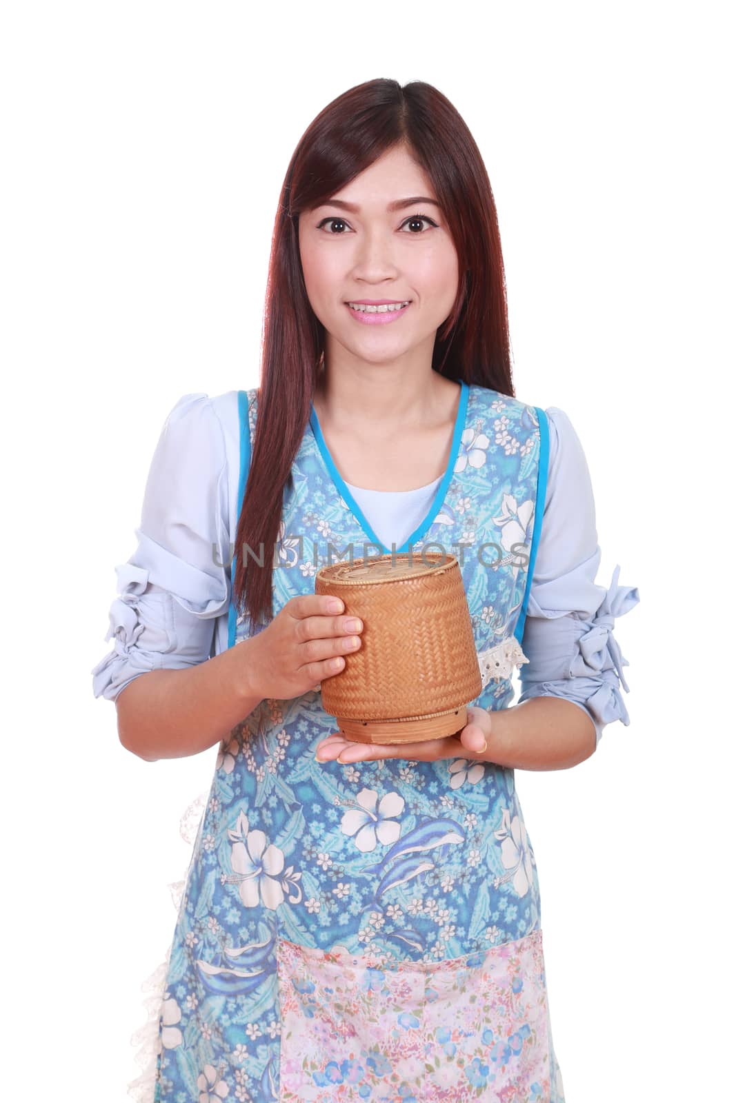 female chef with bamboo rice box by geargodz
