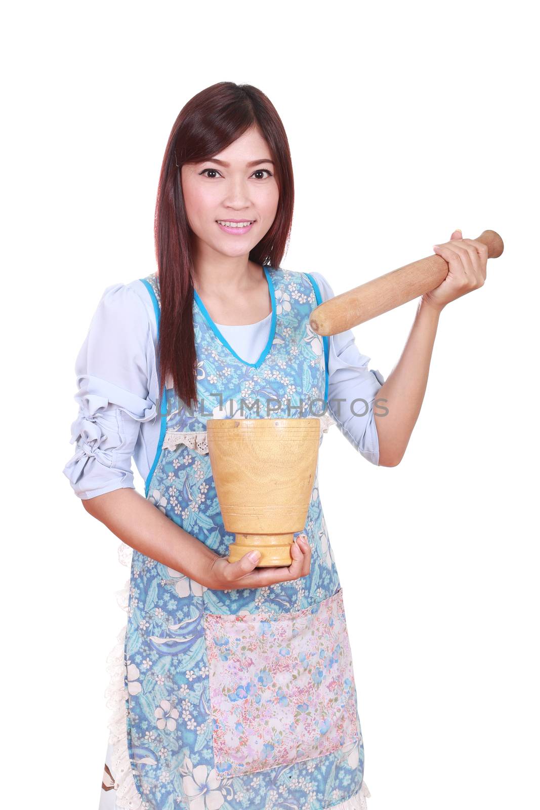 female chef with mortar and pestle isolated on white background