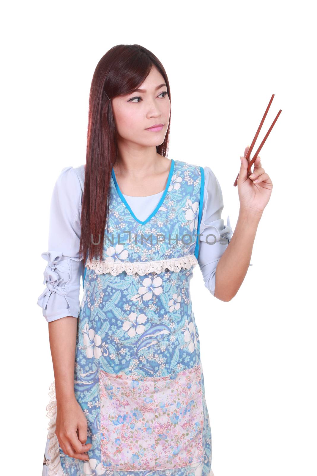 housewife hold a chopsticks isolated on white background