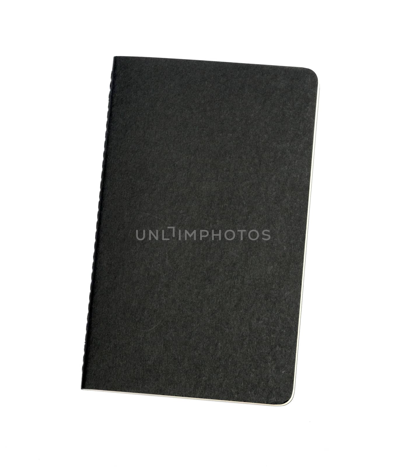 Black notebook with soft shadow on white background