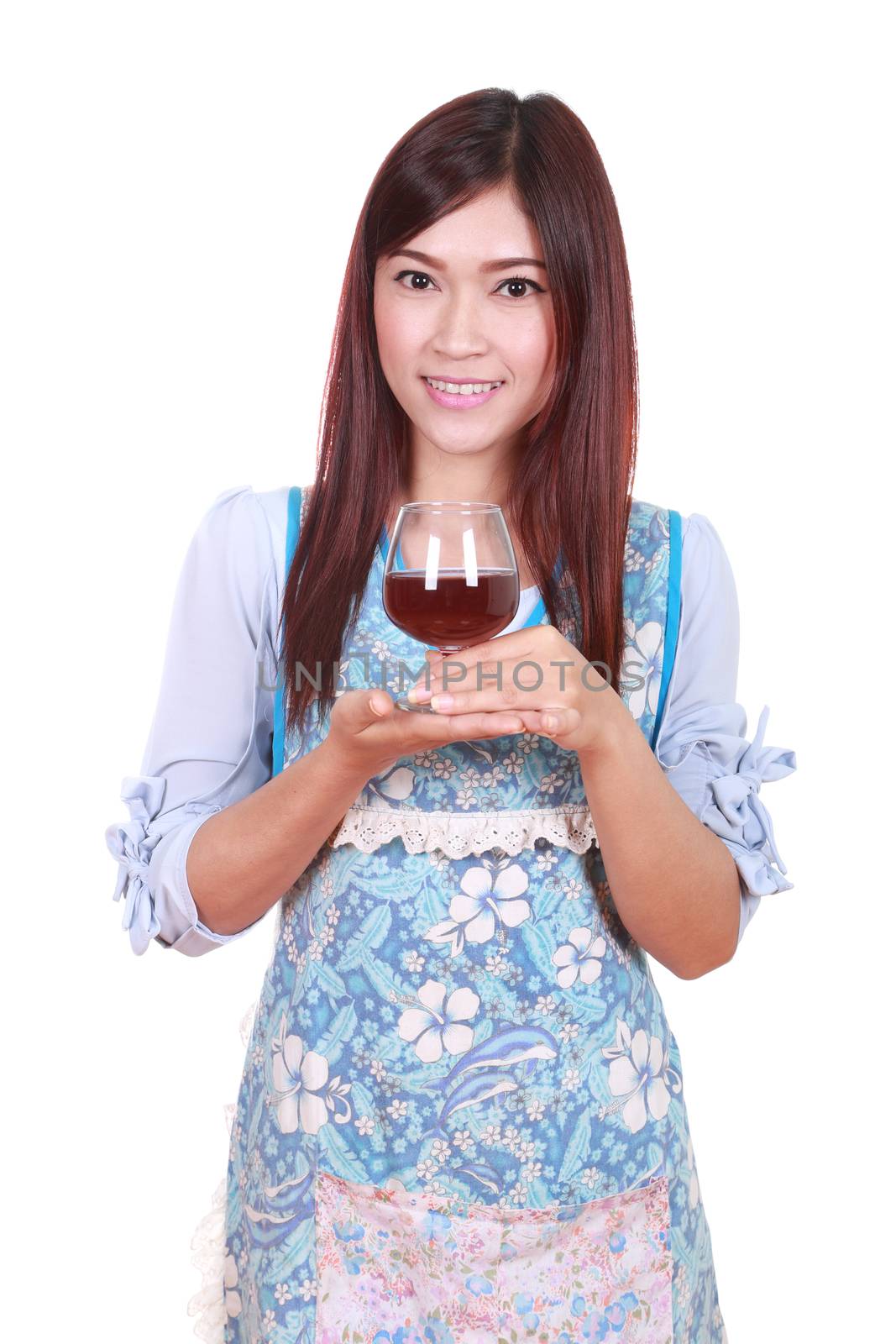housewife holding a wine isolated on white background
