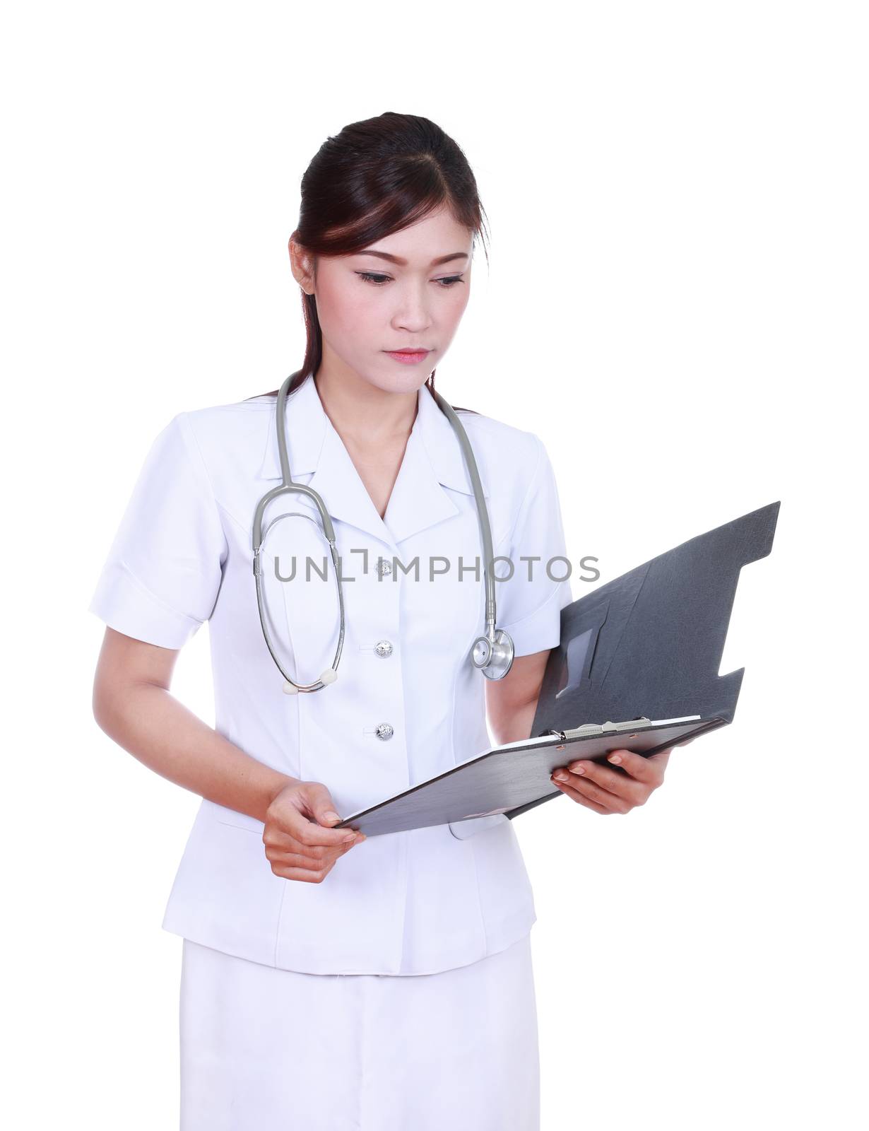 nurse reading medical report isolated on white background
