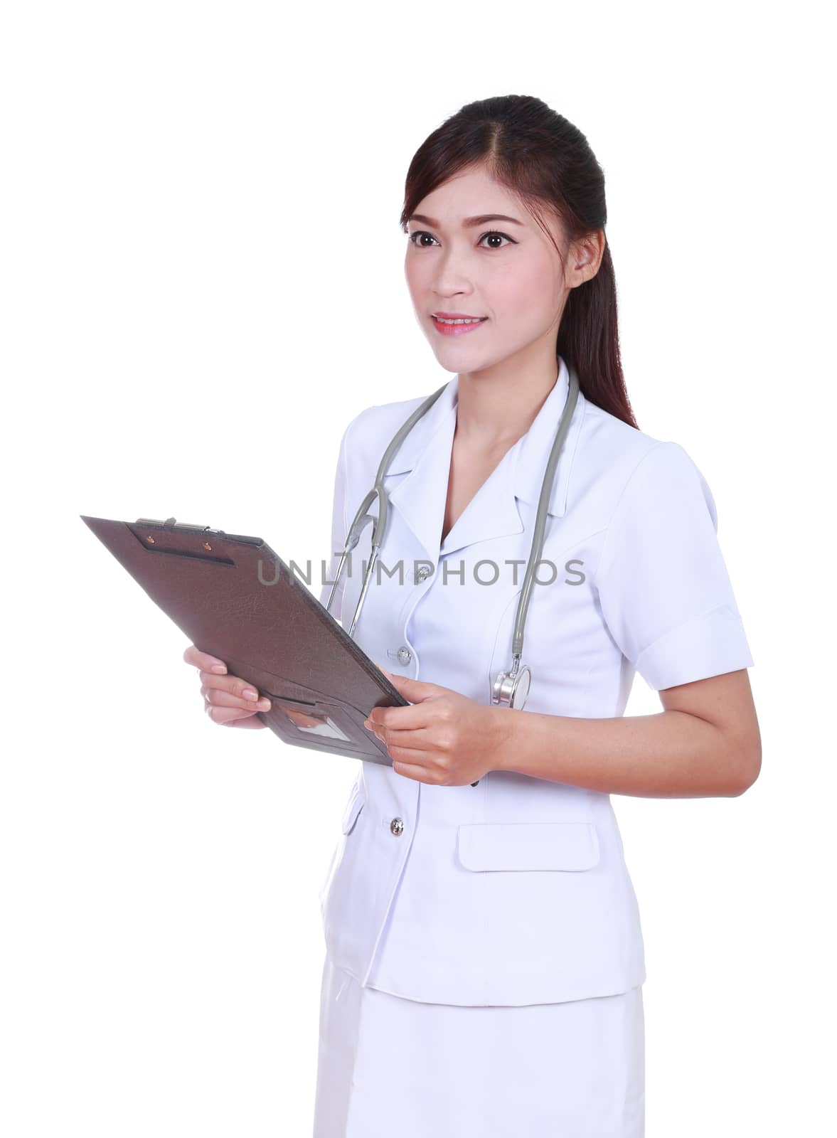 Nurse hold clipboard isolated on white background