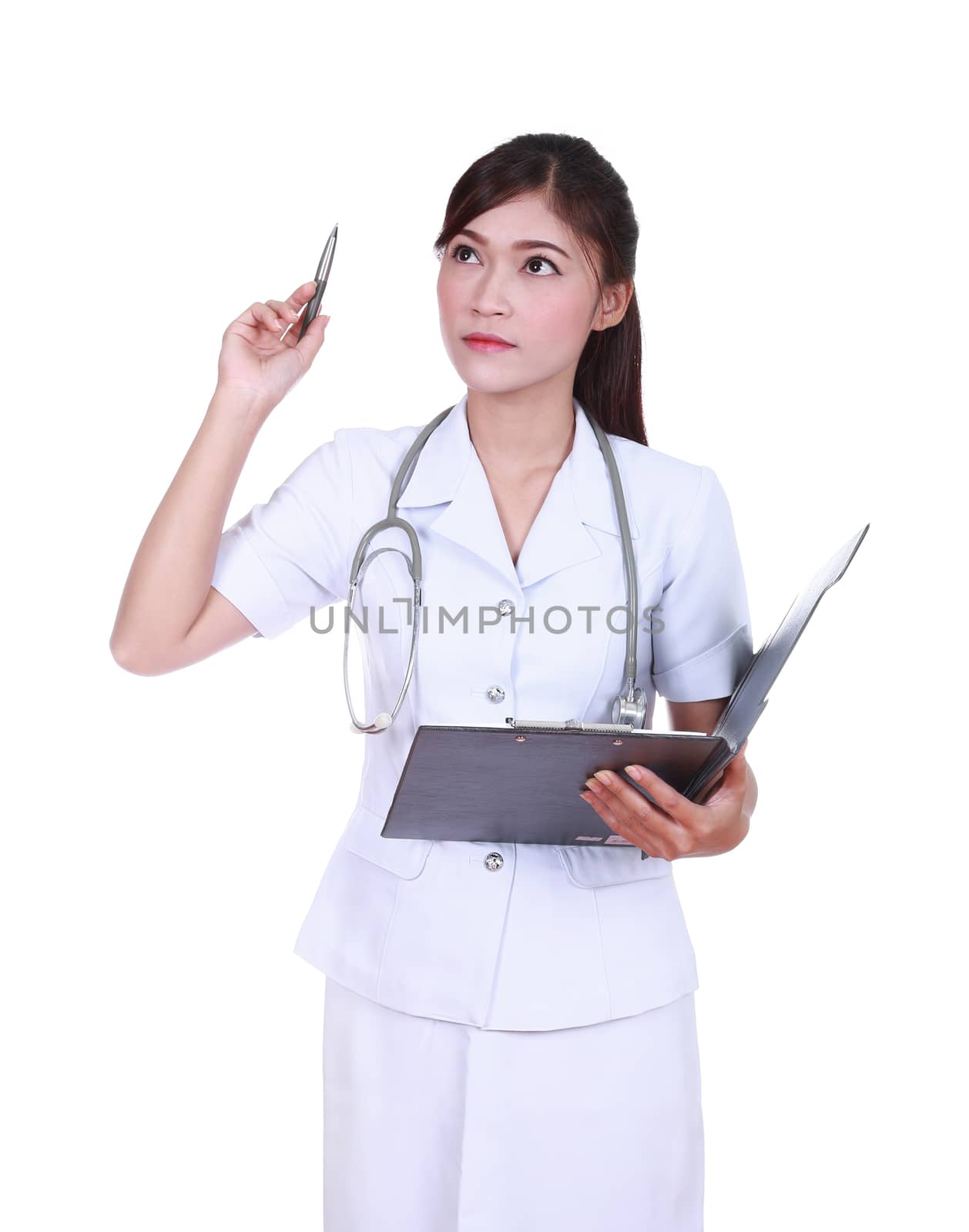 female nurse thinking with medical report isolated on white background