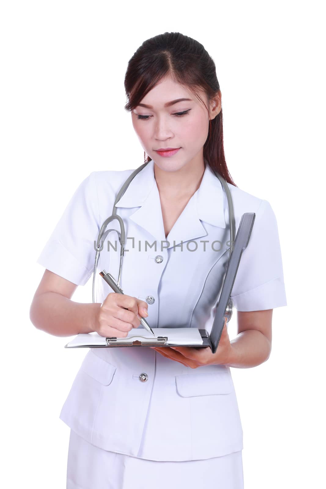 female nurse writing medical report isolated on white background