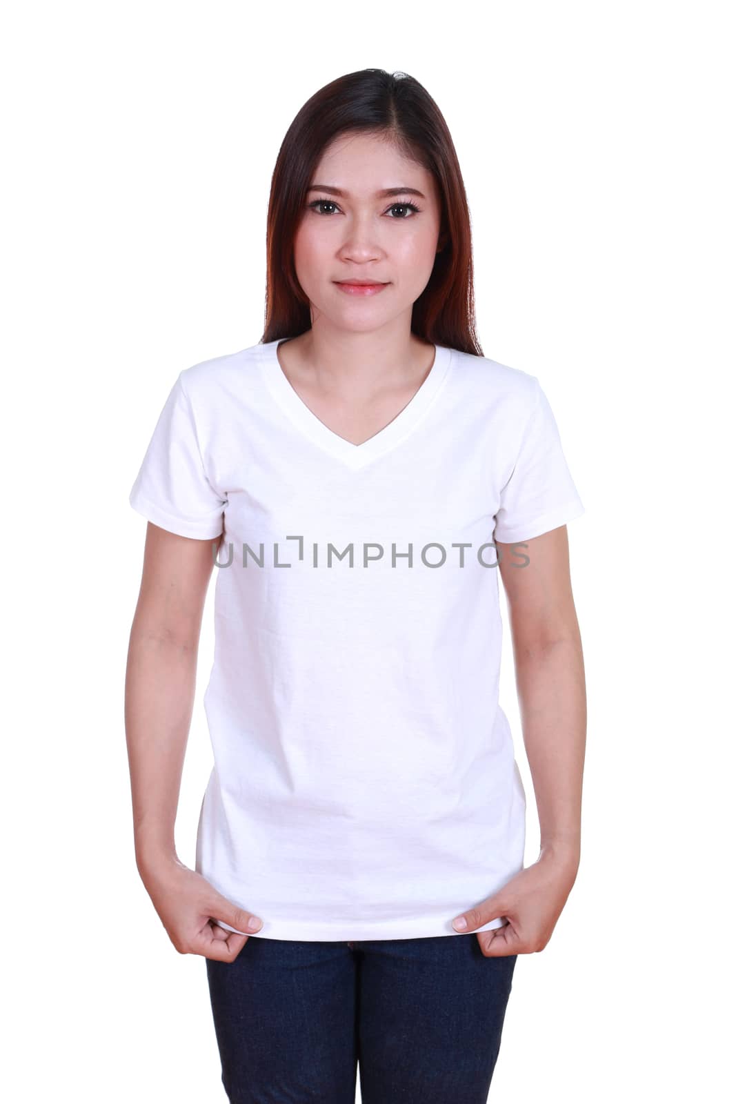 young beautiful female with blank white t-shirt isolated on white background