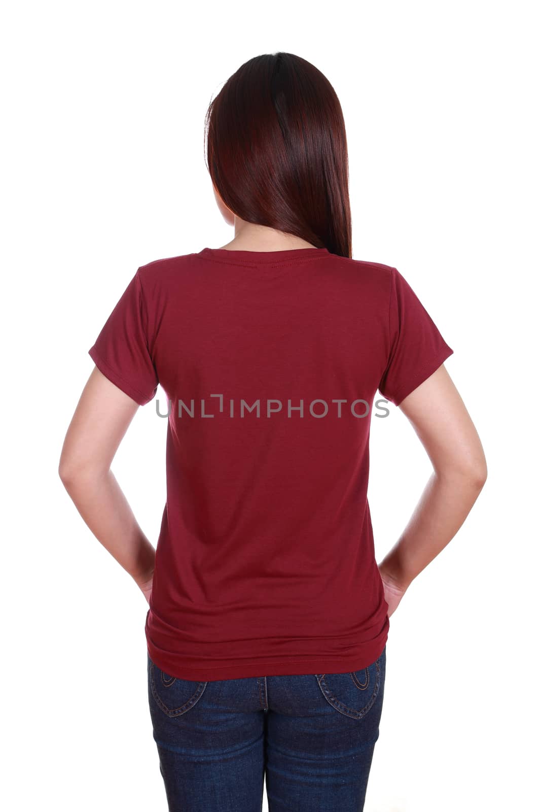 female with blank red t-shirt (back side) isolated on white background
